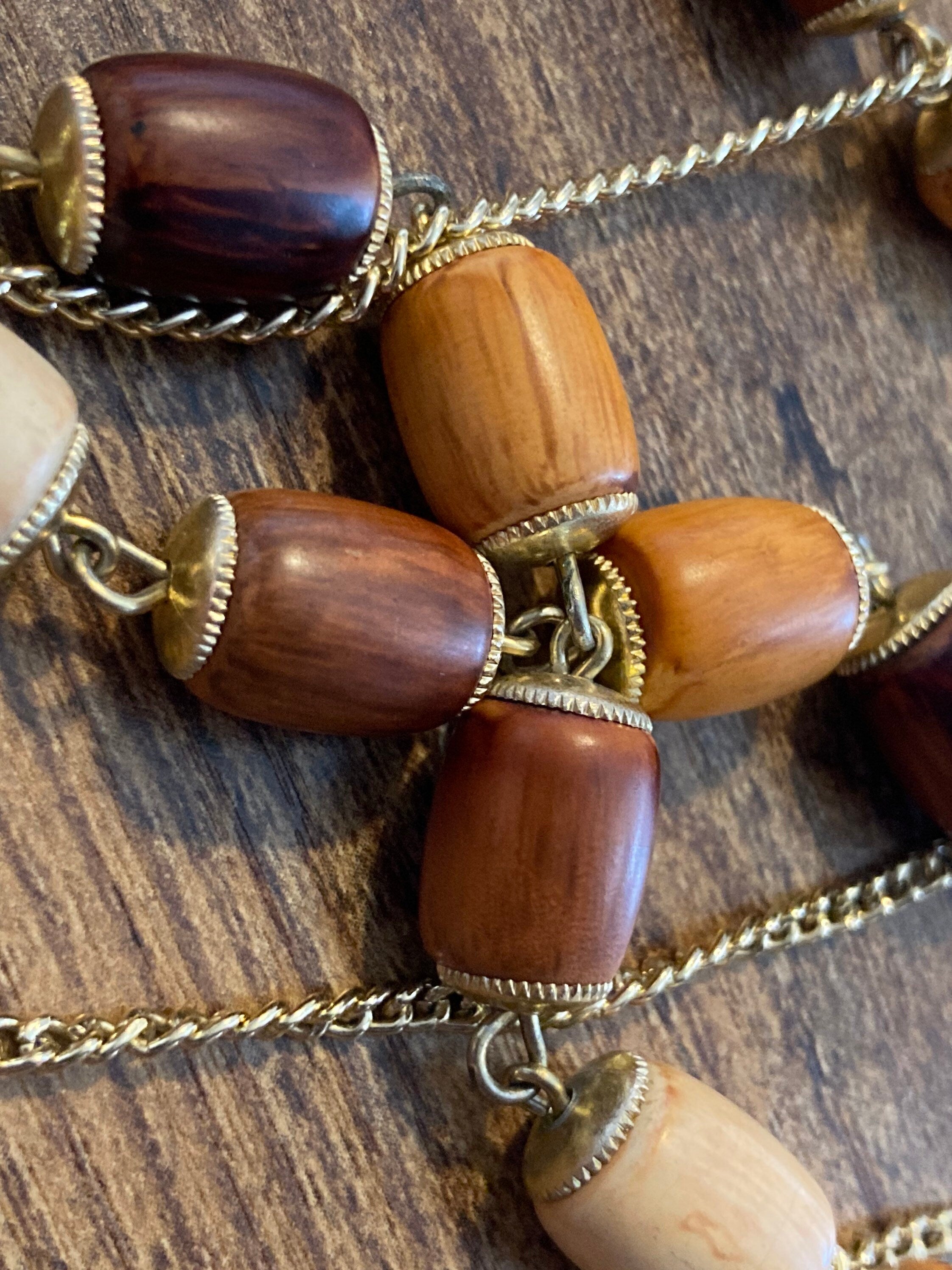 Vintage antique metal and brown wooden beaded station link necklace