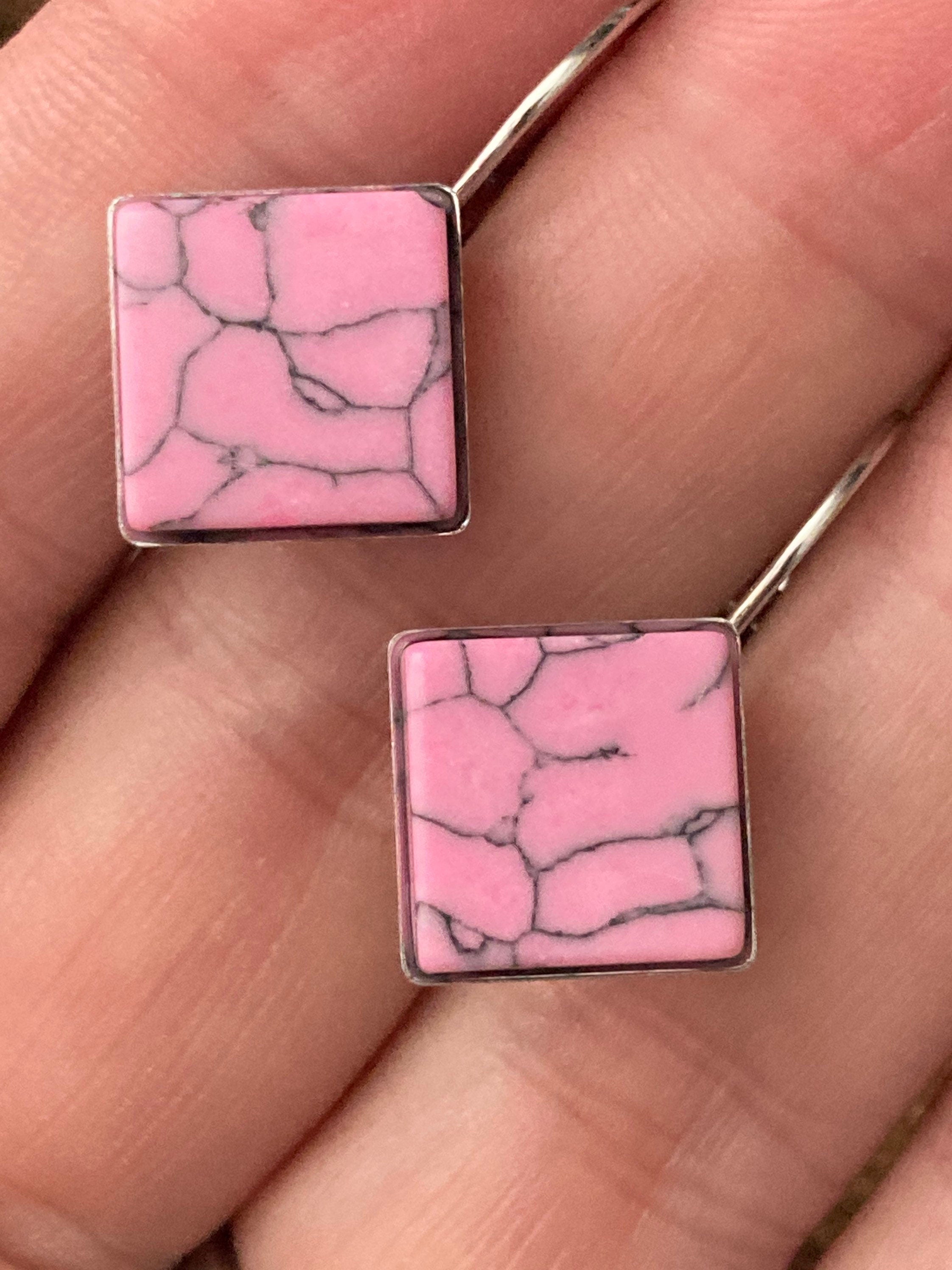 pink marble gemstone earrings stainless steel 1.5cm square natural stone tiles