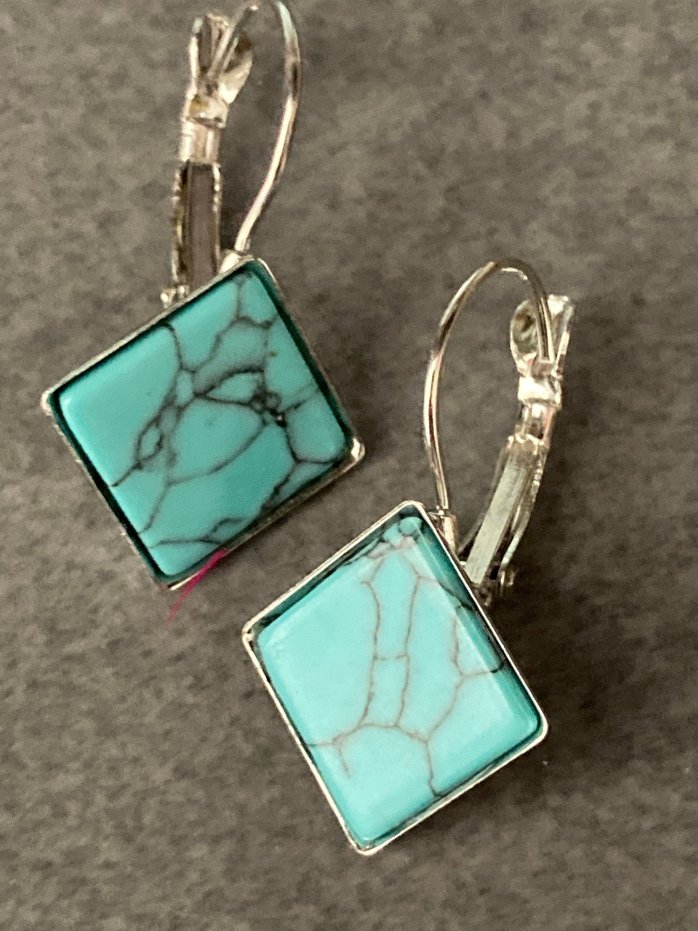 square natural stone tile silver dangly drop marbled turquoise blue earrings