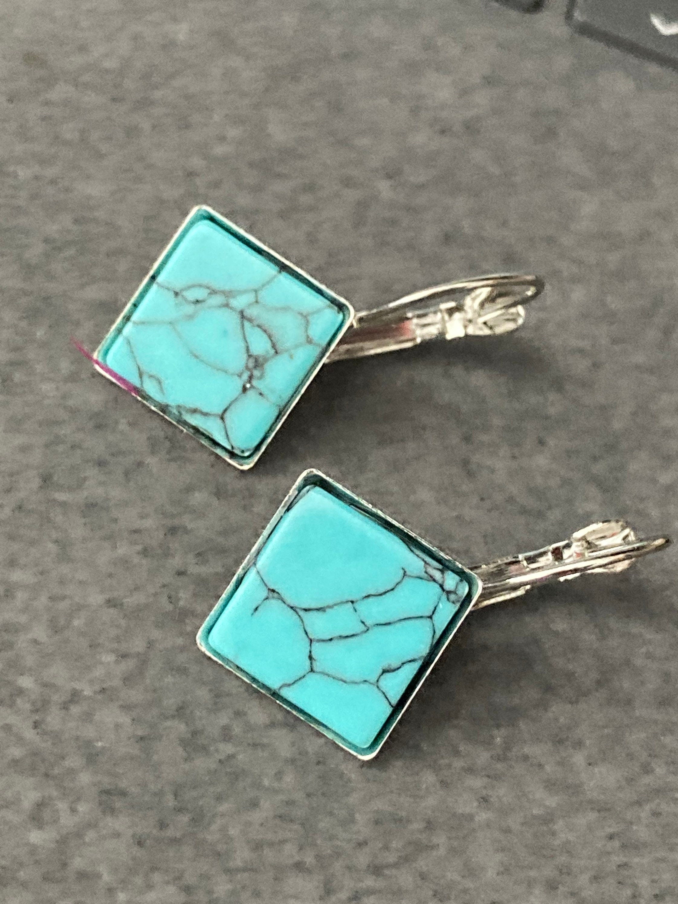 square natural stone tile silver dangly drop marbled turquoise blue earrings