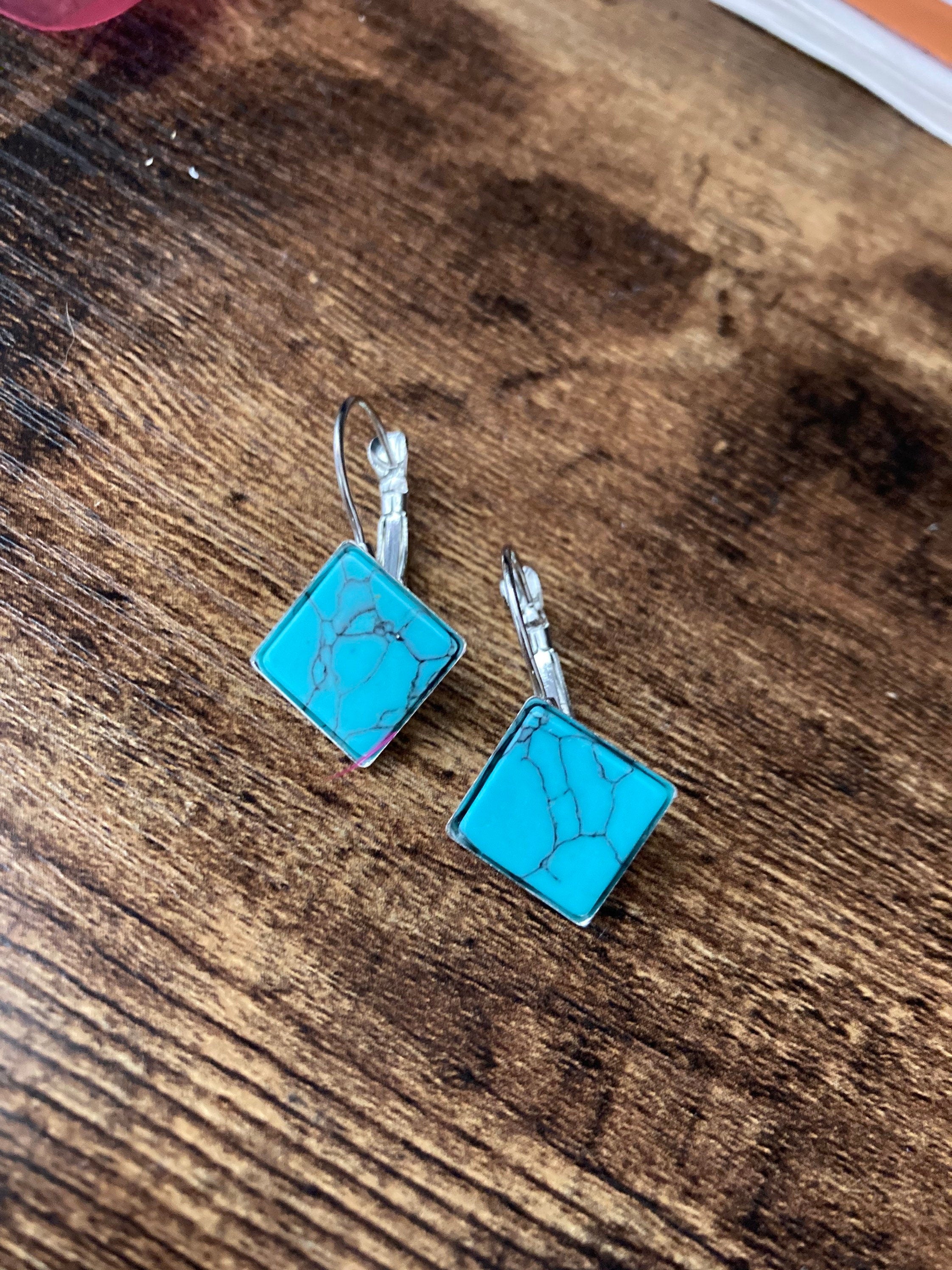 square natural stone tile silver dangly drop marbled turquoise blue earrings