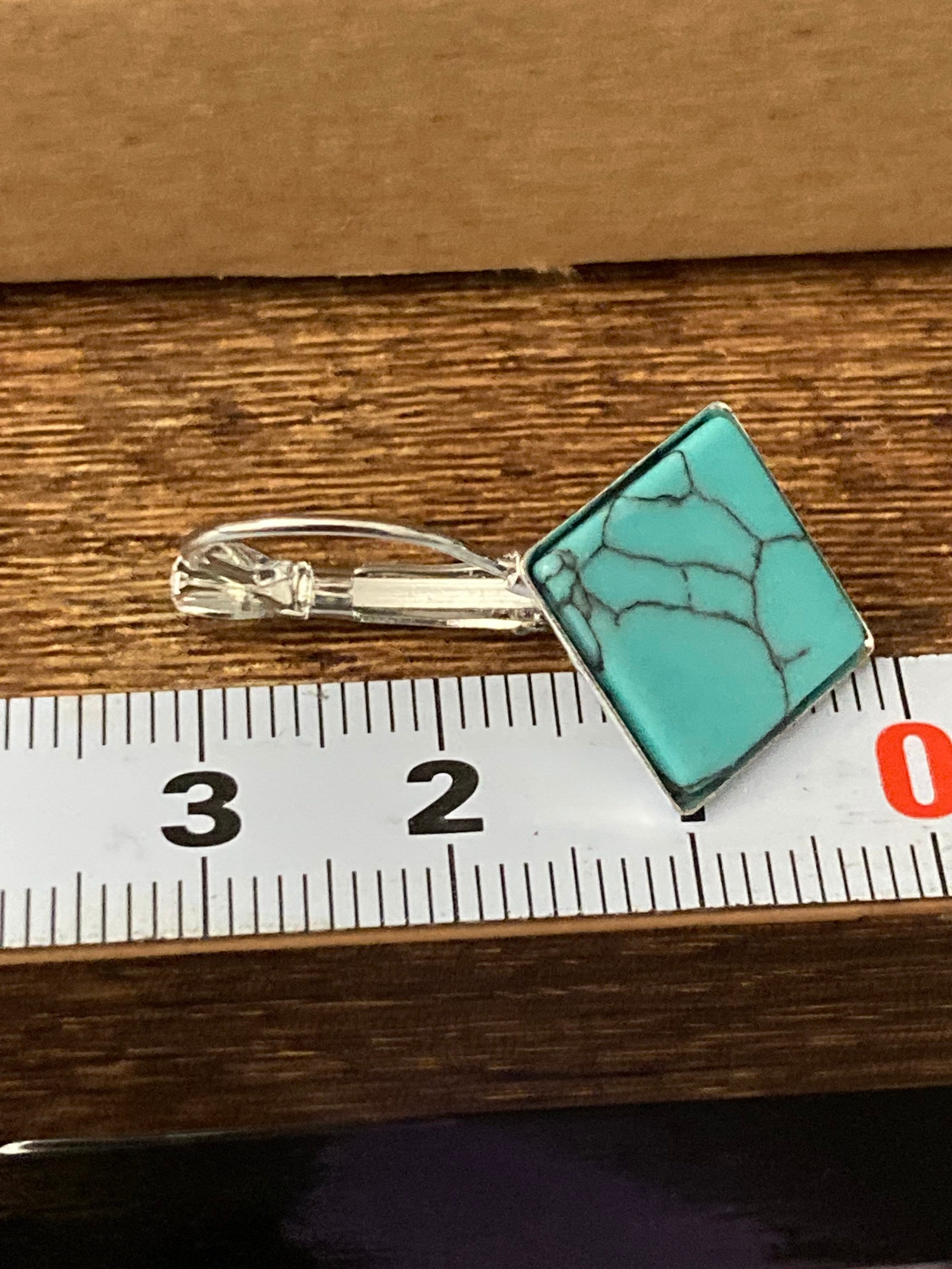 square natural stone tile silver dangly drop marbled turquoise blue earrings