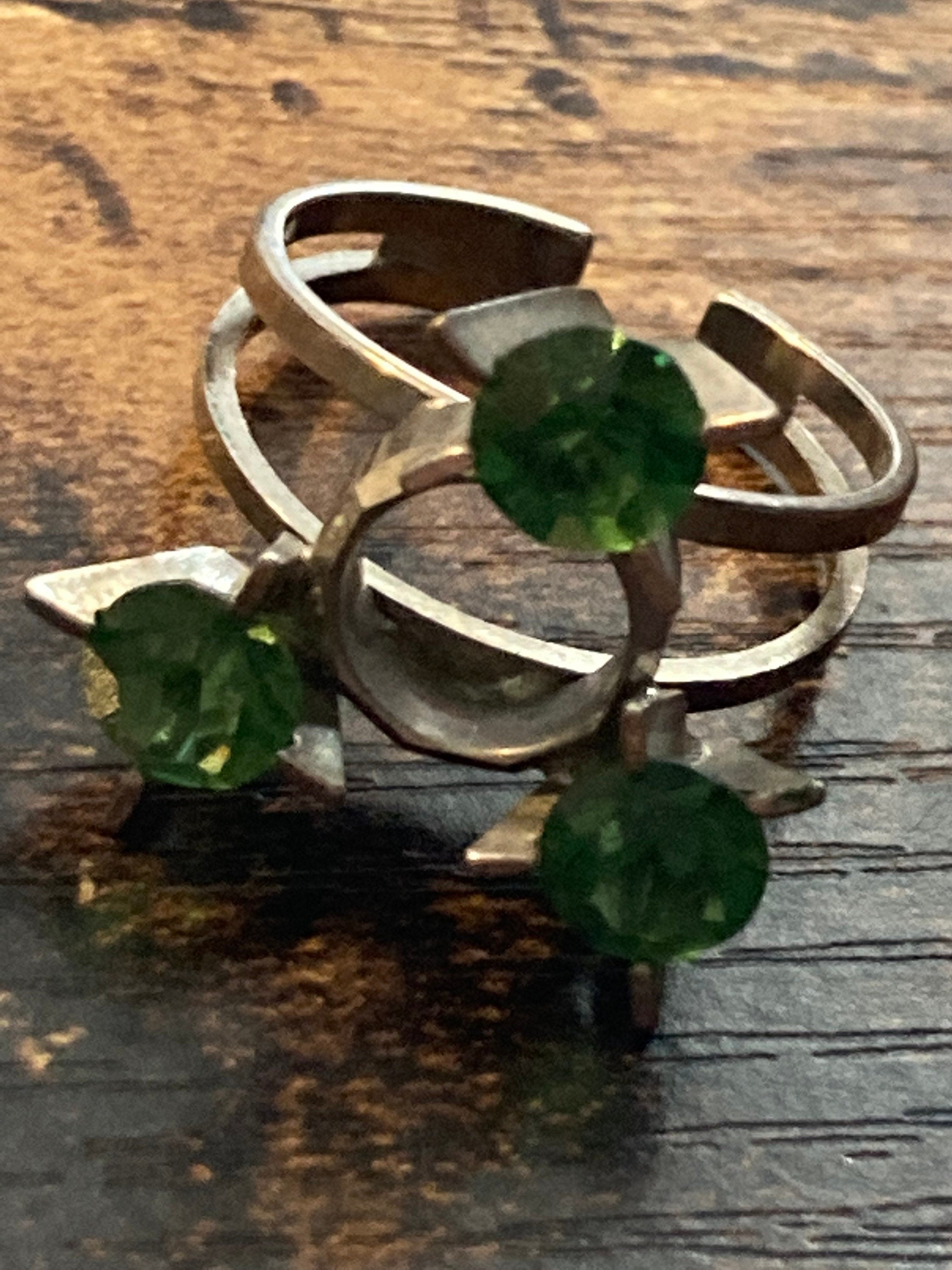 Emerald Green Paste Ring: Adjustable Silver Steel Brutalist Design
