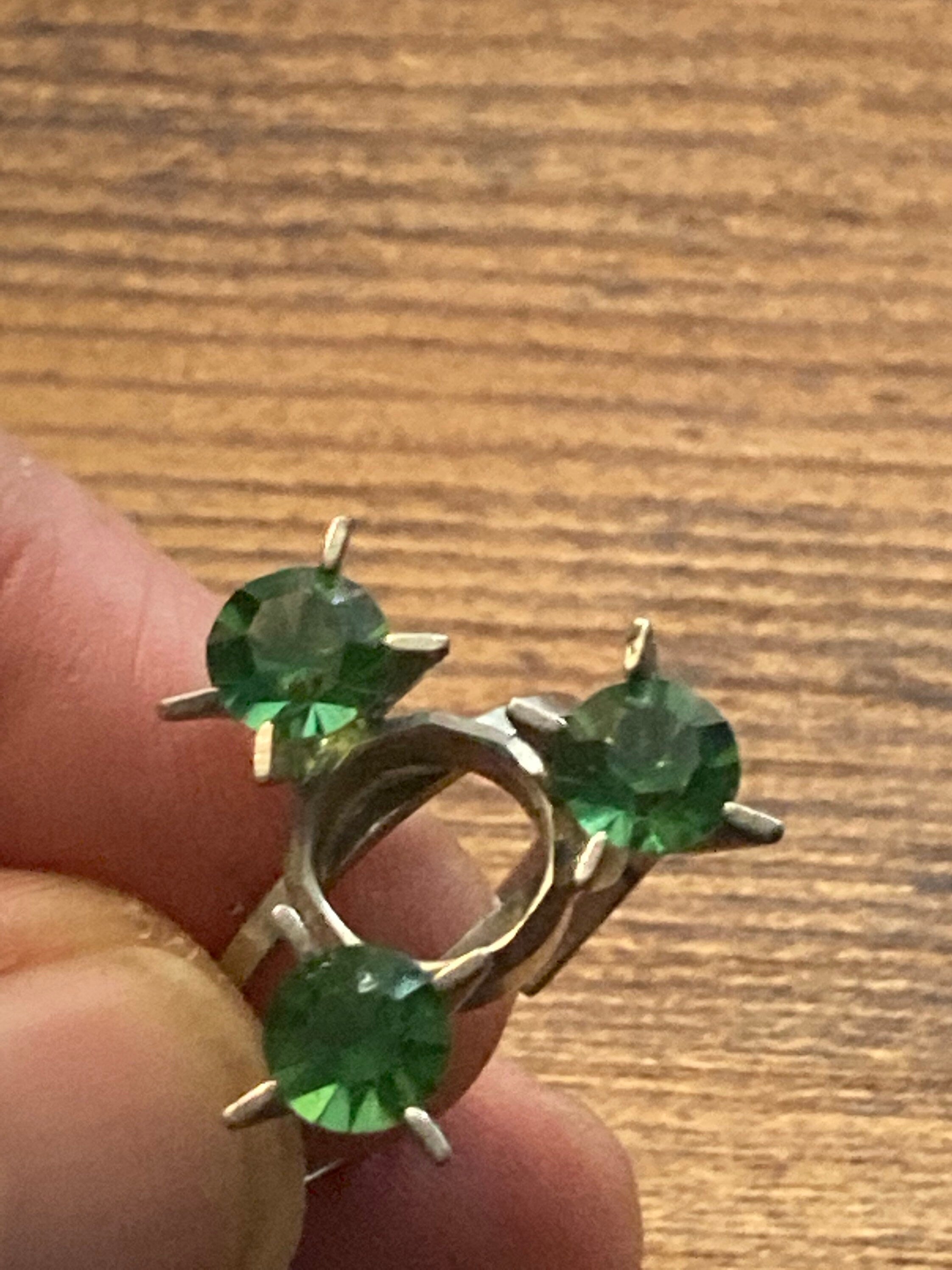 Emerald Green Paste Ring: Adjustable Silver Steel Brutalist Design