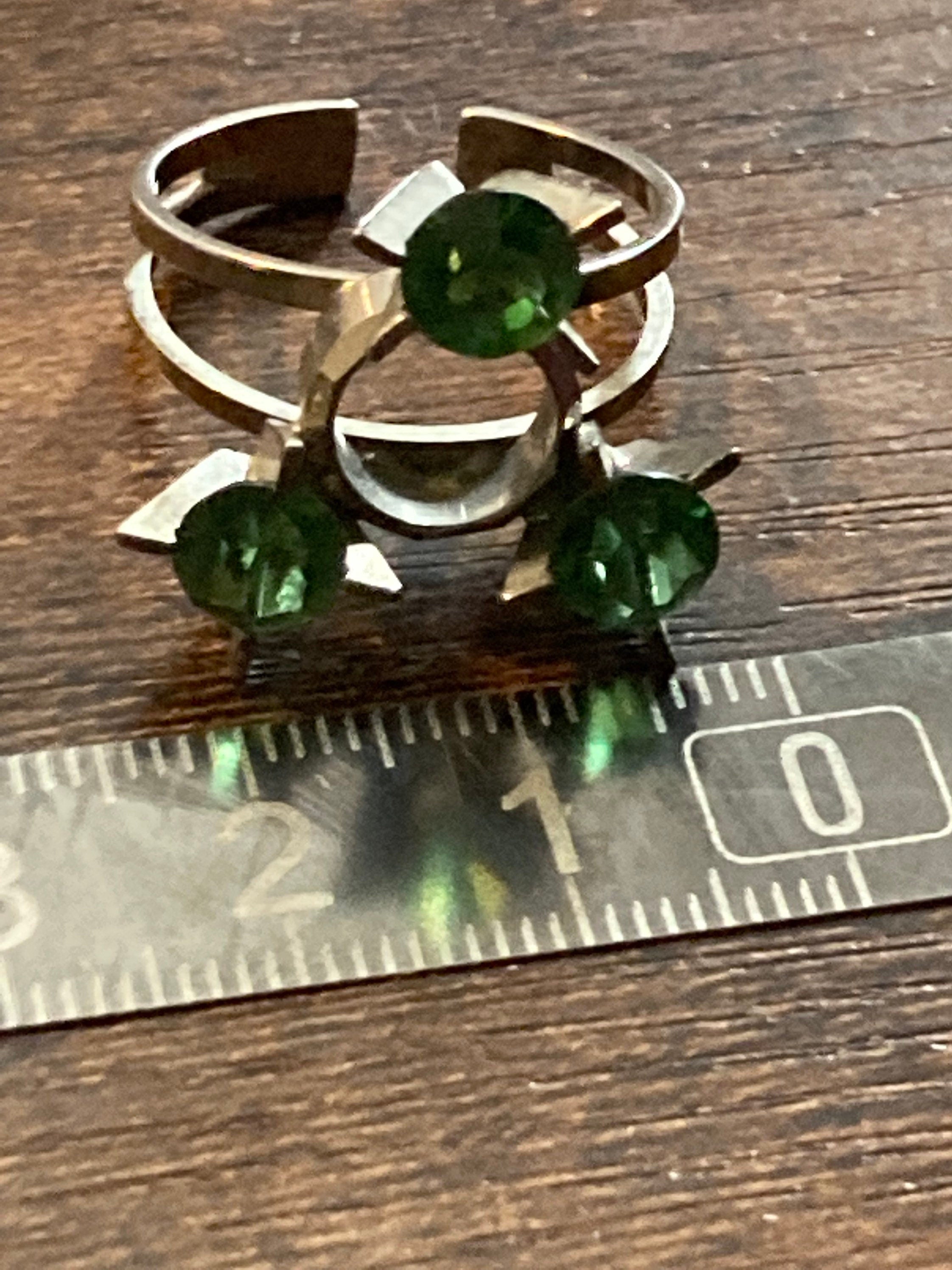 Emerald Green Paste Ring: Adjustable Silver Steel Brutalist Design