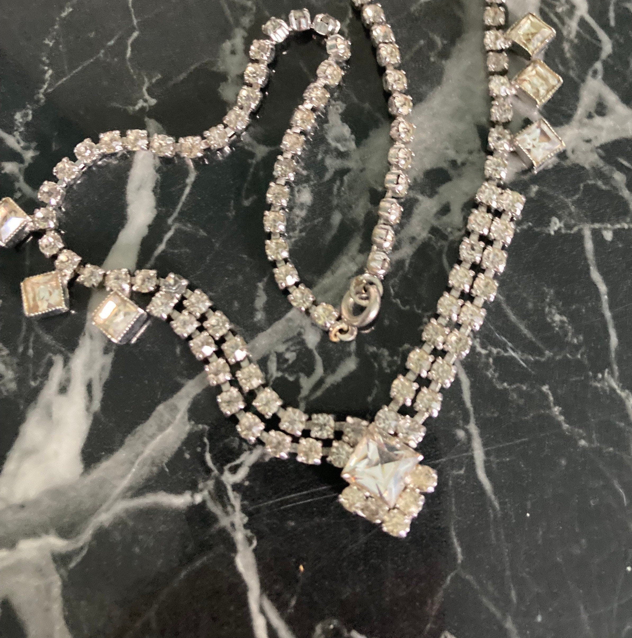 Vintage diamanté rhinestone crystal silver tone party necklace 39cm