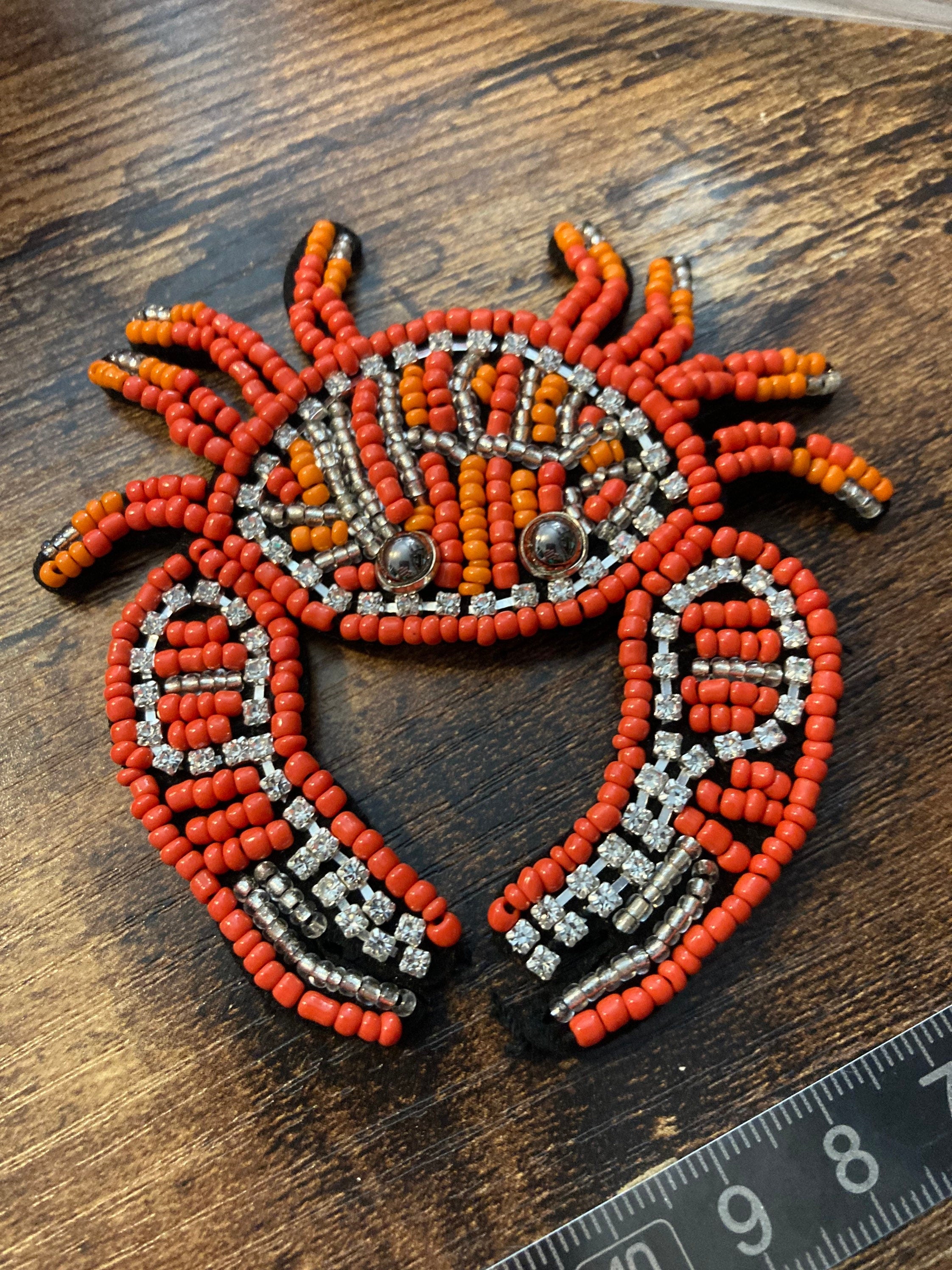 Orange Seed Bead Crab Patch: Sew-On Diamanté Appliqué (9cm x 8cm)