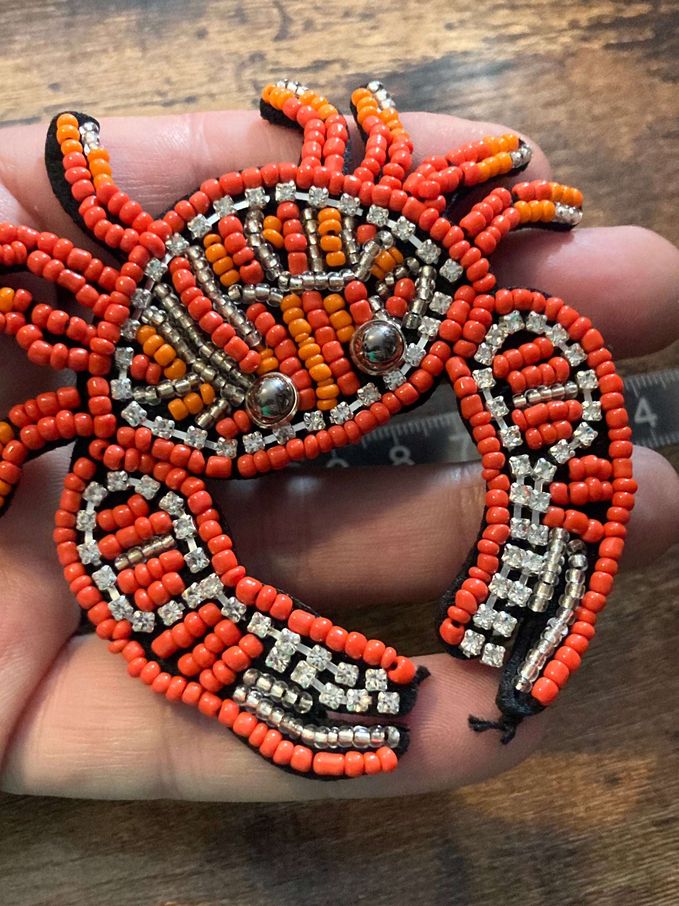 Orange Seed Bead Crab Patch: Sew-On Diamanté Appliqué (9cm x 8cm)