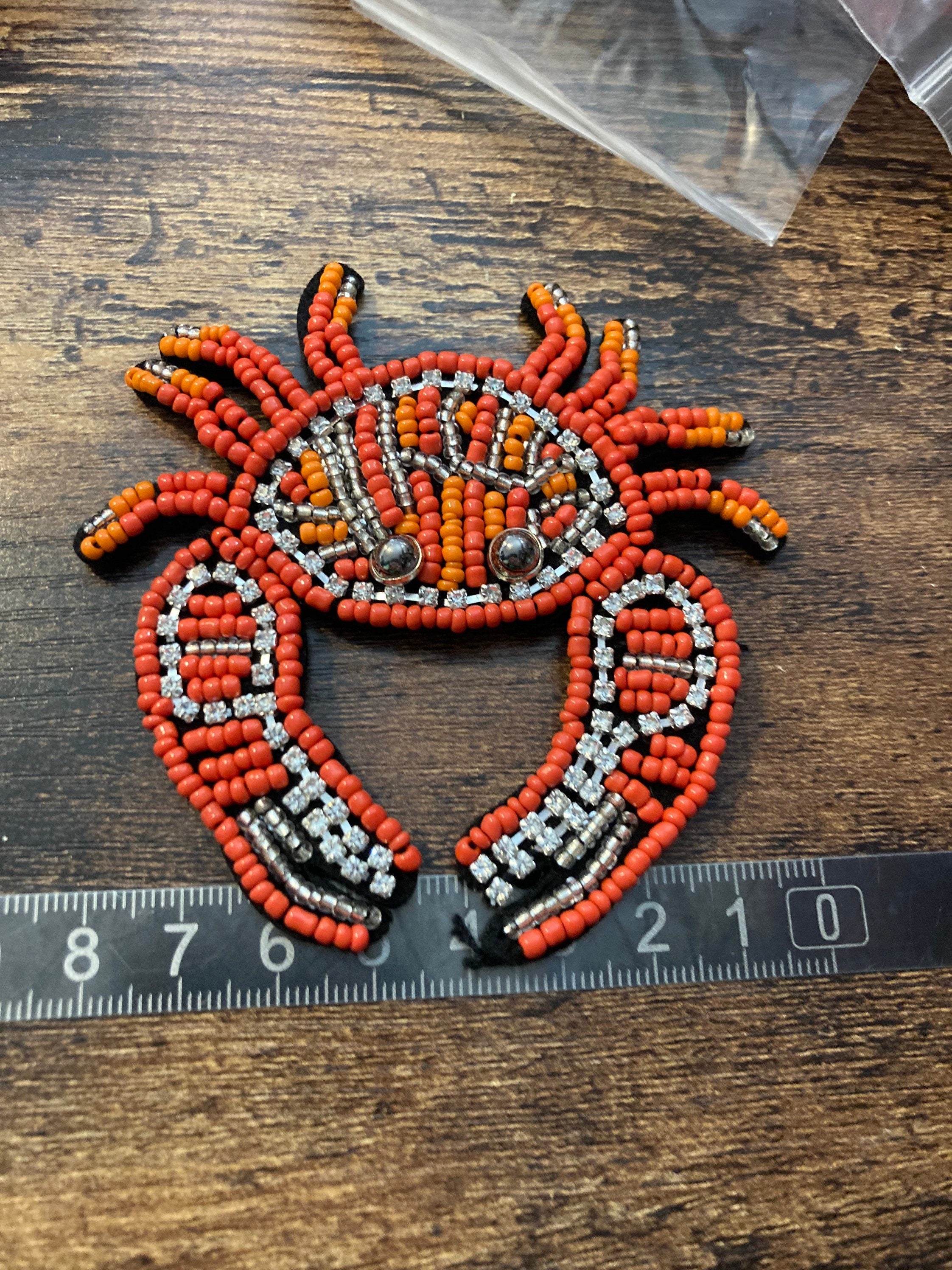 Orange Seed Bead Crab Patch: Sew-On Diamanté Appliqué (9cm x 8cm)