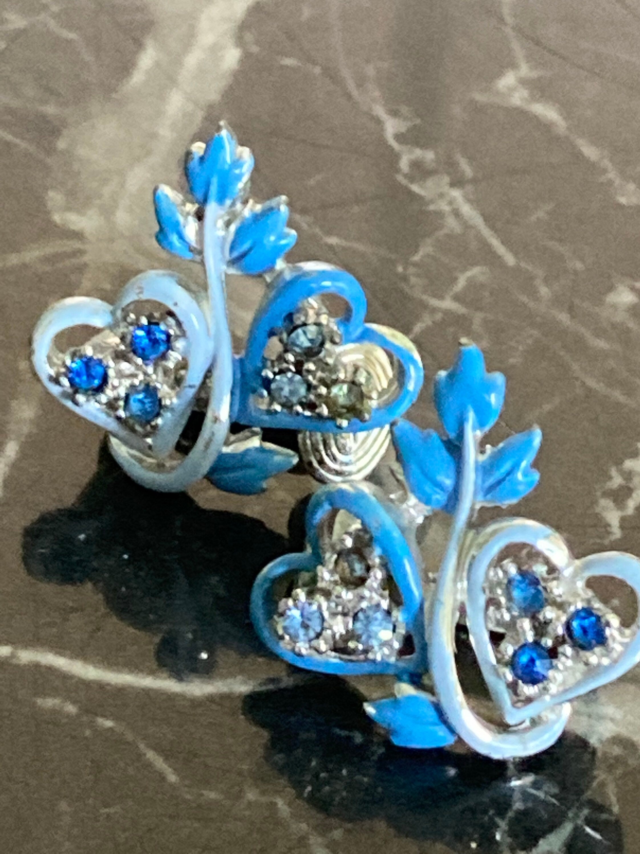 Vintage MCM blue enamel and diamanté silver tone clip on love heart earrings
