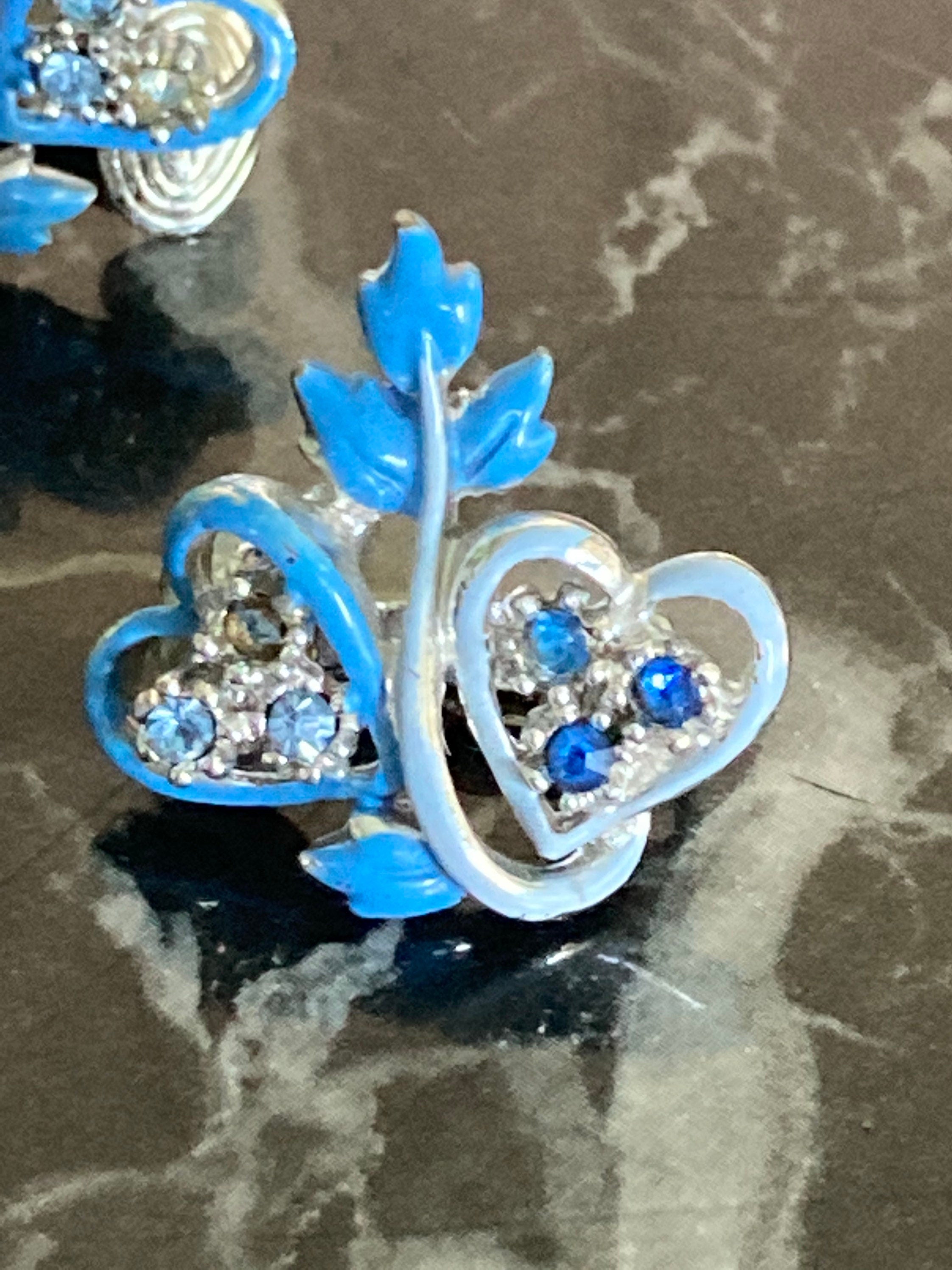 Vintage MCM blue enamel and diamanté silver tone clip on love heart earrings