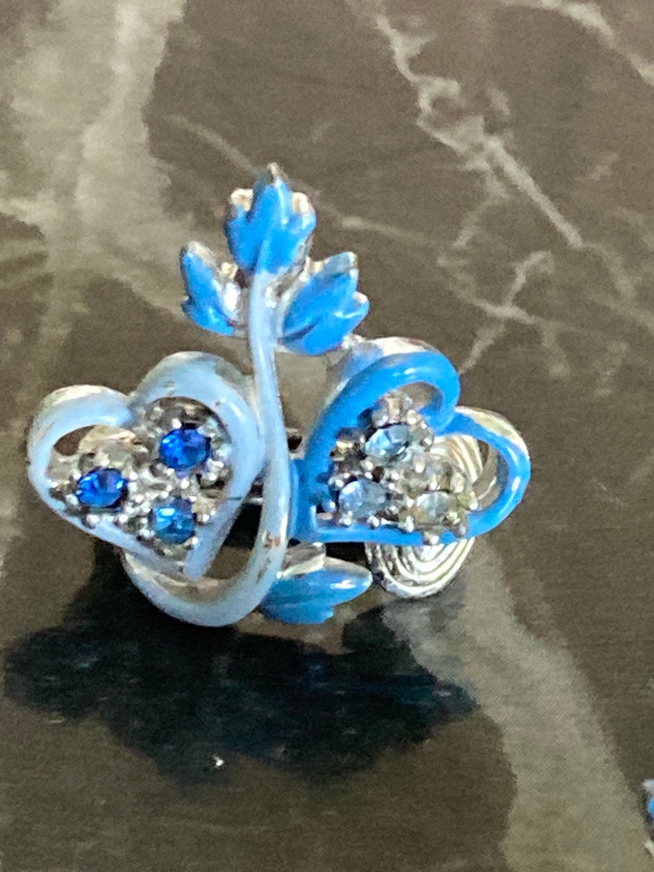 Vintage MCM blue enamel and diamanté silver tone clip on love heart earrings