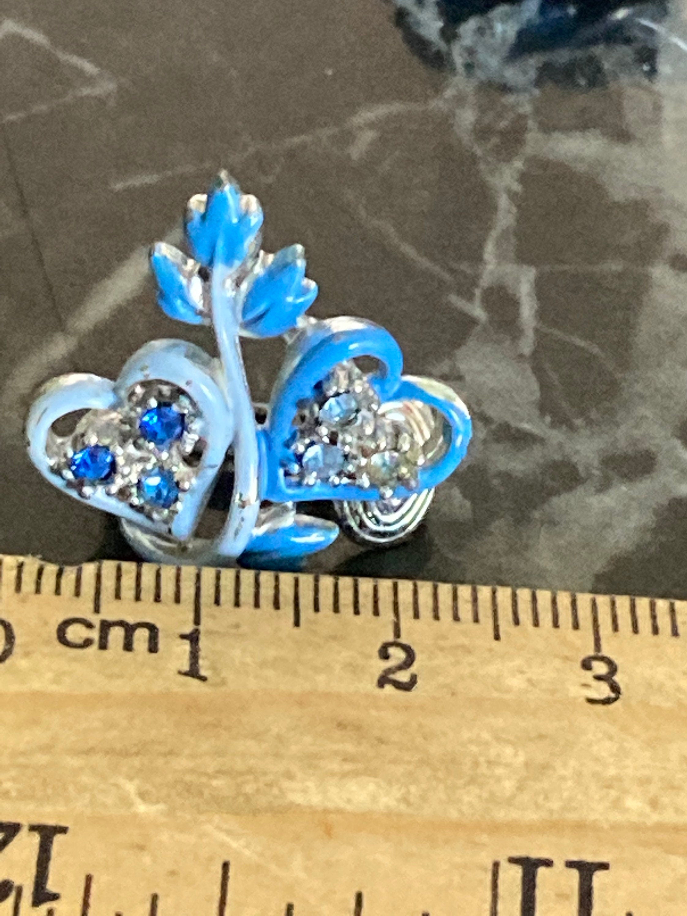 Vintage MCM blue enamel and diamanté silver tone clip on love heart earrings