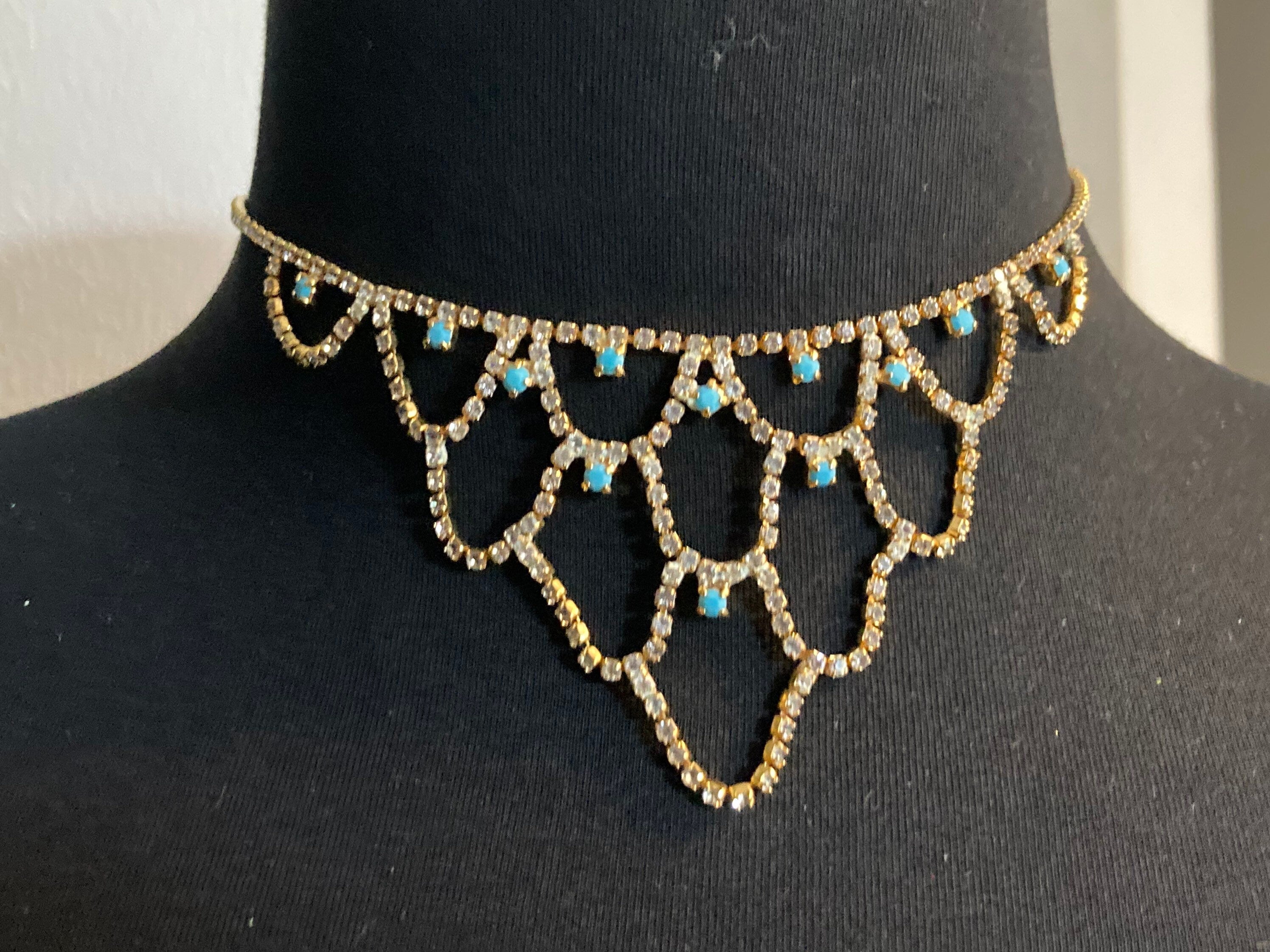 turquoise clear diamanté rhinestone paste swag bib necklace Vintage retro gold tone