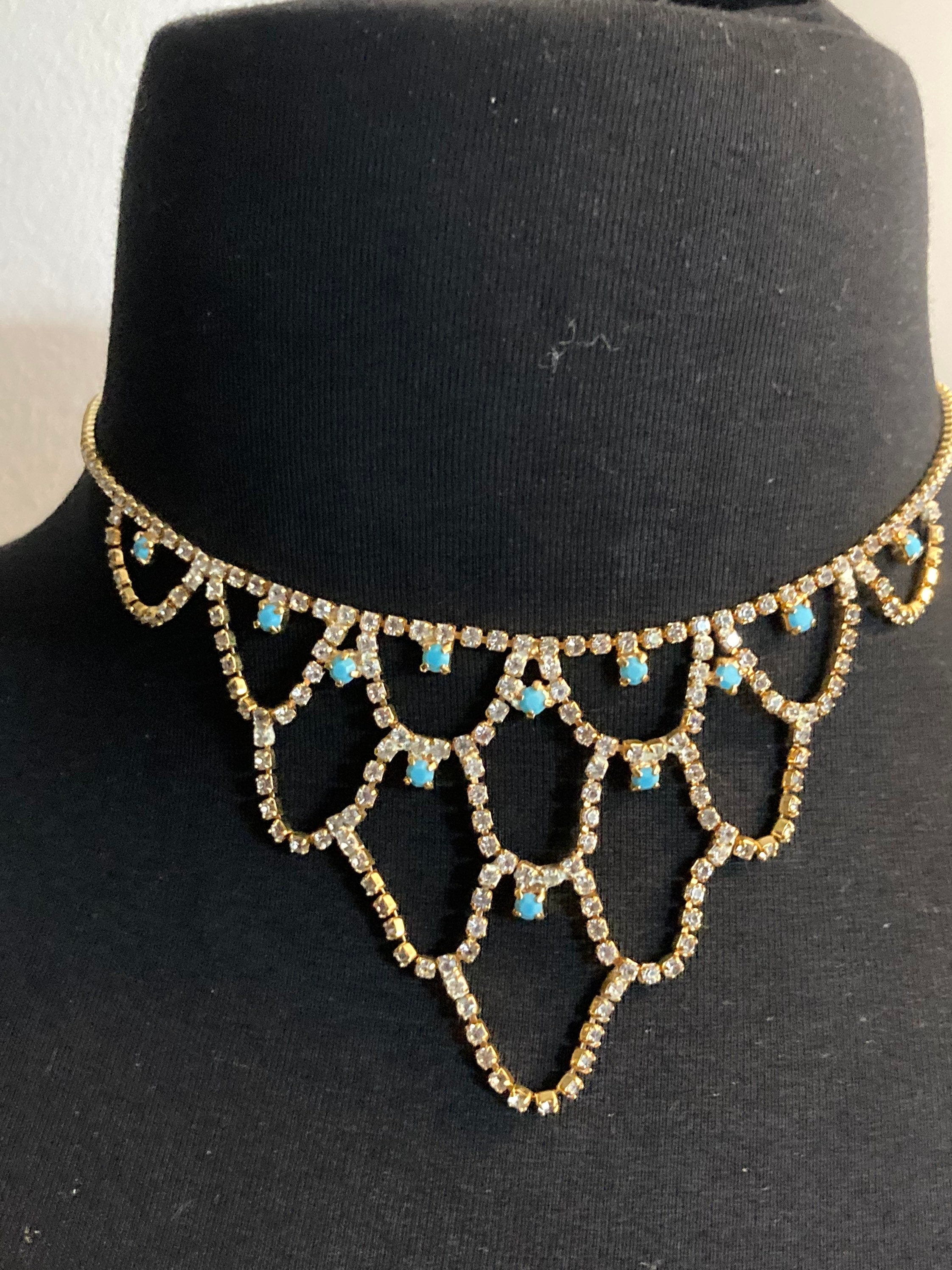 turquoise clear diamanté rhinestone paste swag bib necklace Vintage retro gold tone