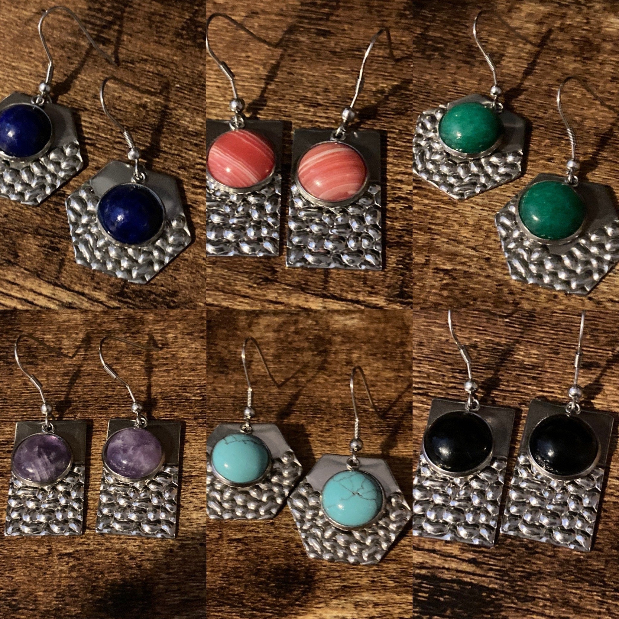 Pink agate gemstone dangly earrings stainless steel modernist planished metal