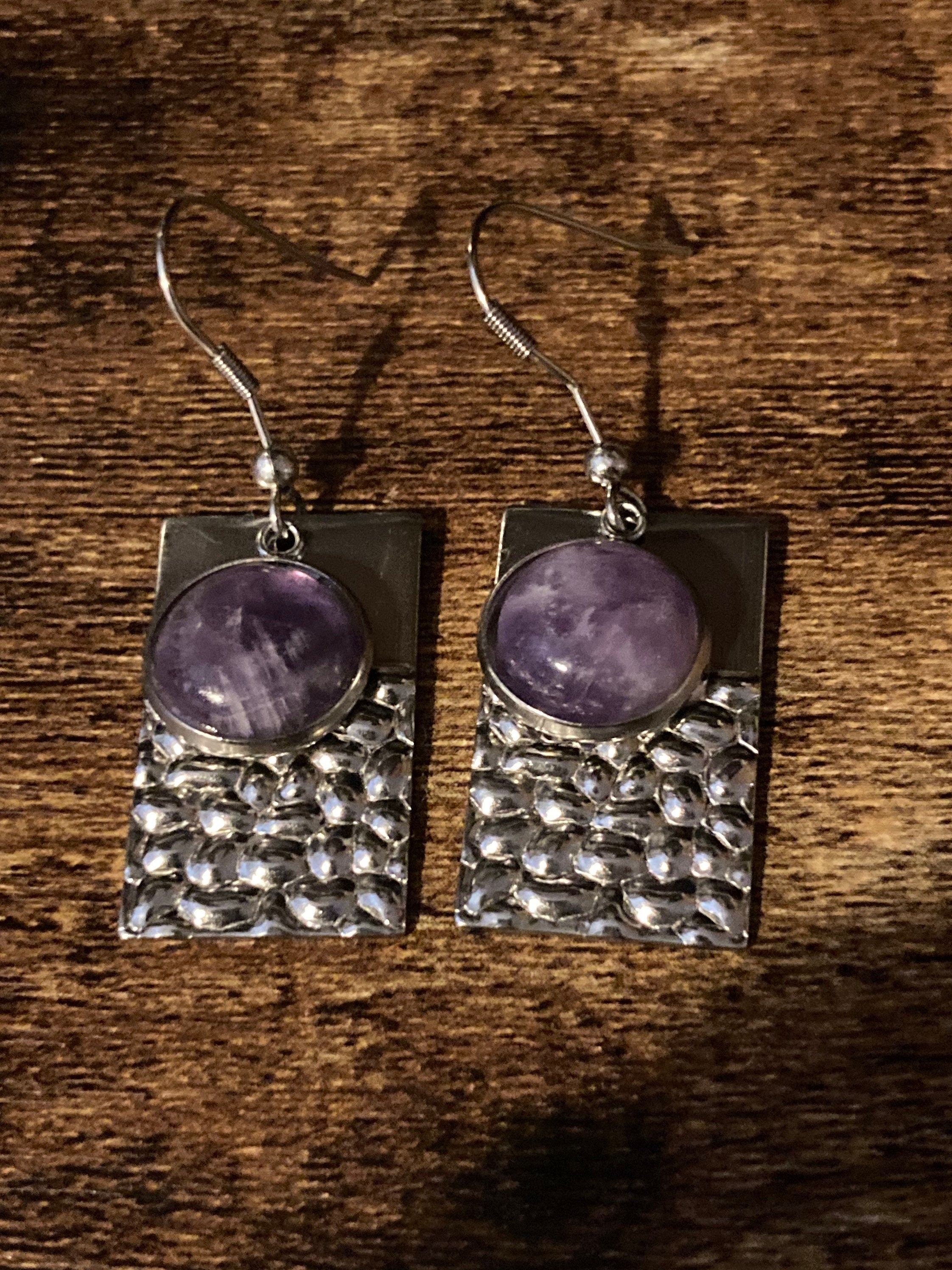 Purple amethyst gemstone dangly earrings stainless steel modernist planished metal
