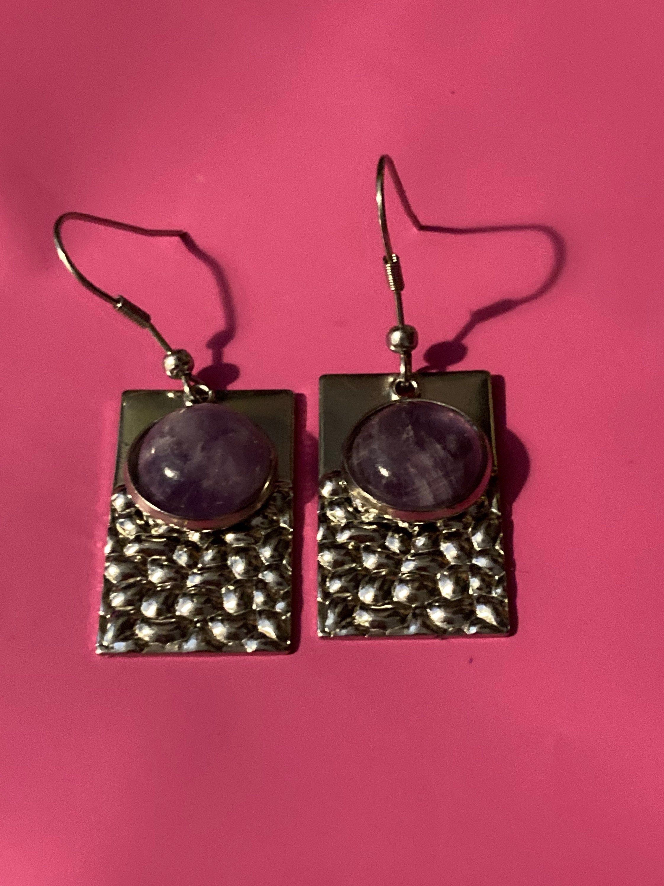 Purple amethyst gemstone dangly earrings stainless steel modernist planished metal