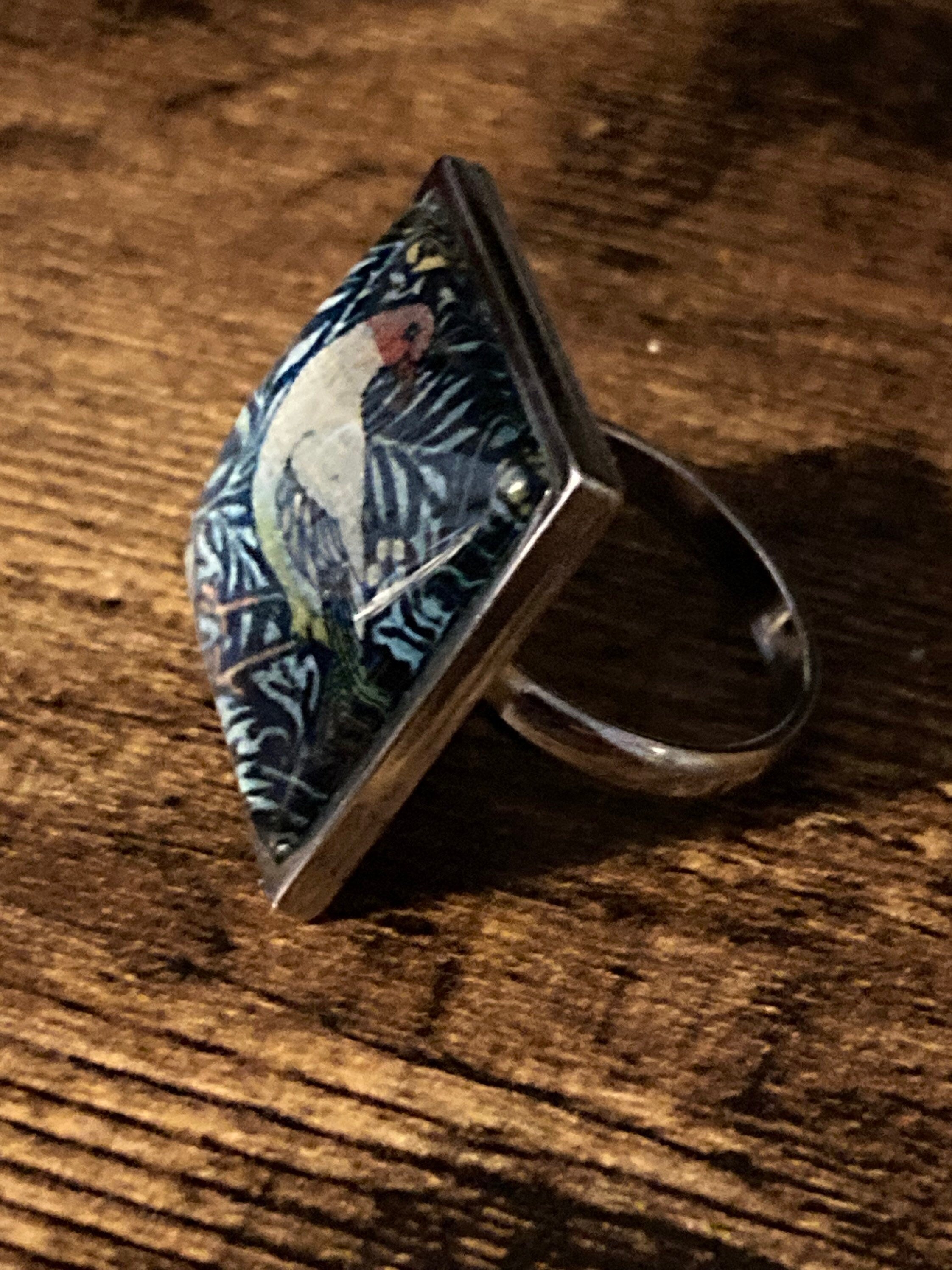 William Morris print ring BIRD design square glass cabochon adjustable