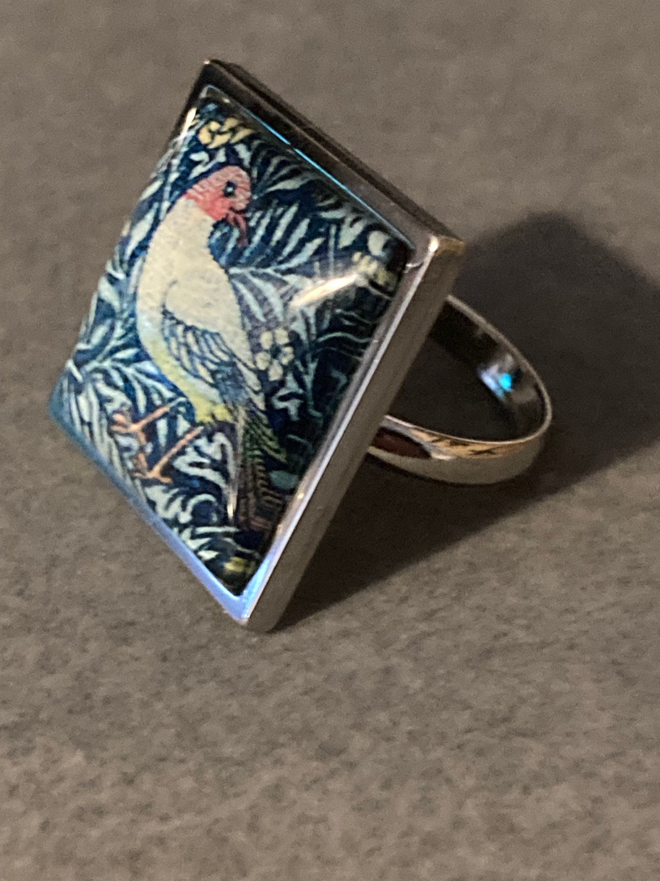 William Morris print ring BIRD design square glass cabochon adjustable