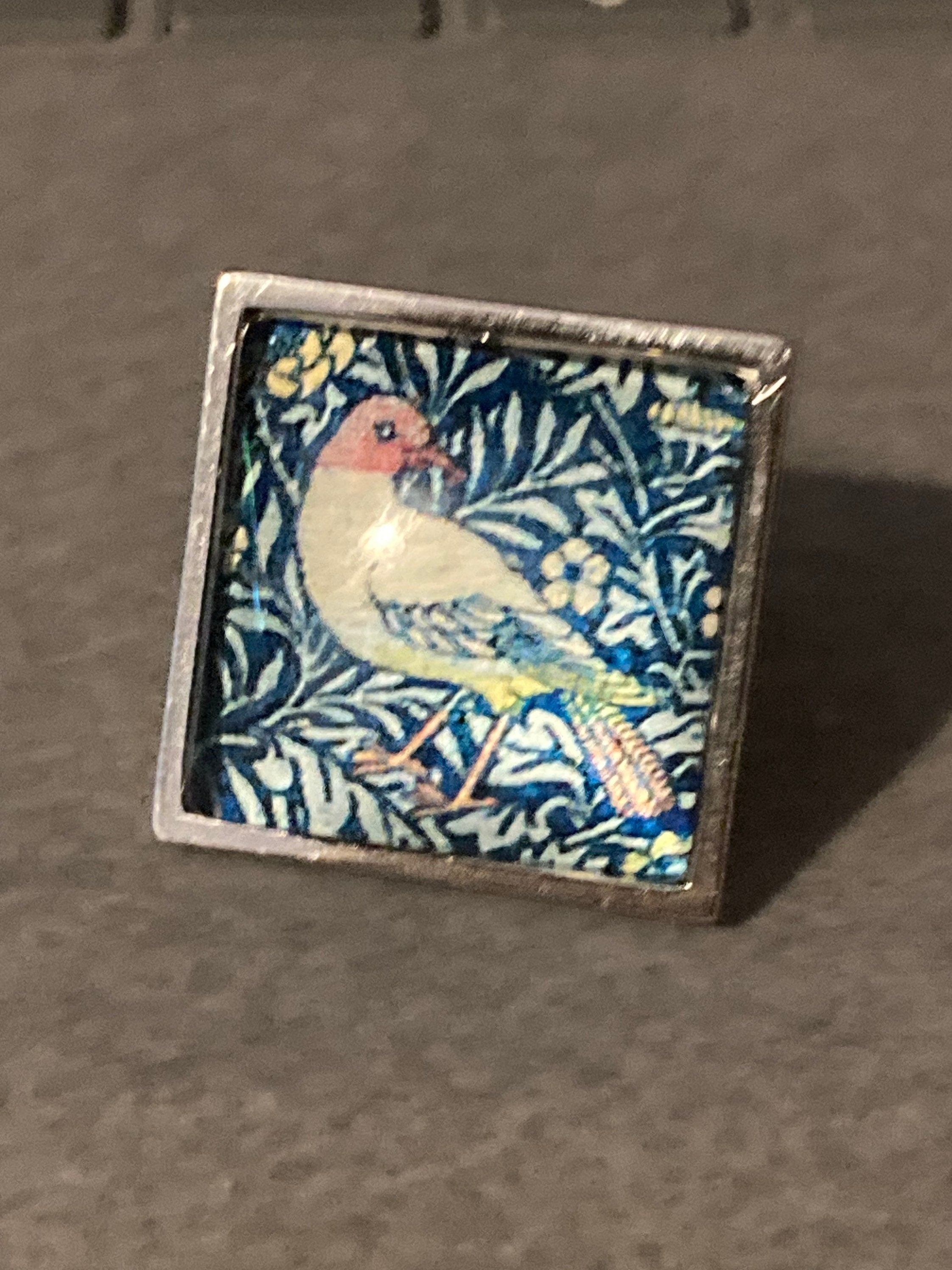 William Morris print ring BIRD design square glass cabochon adjustable
