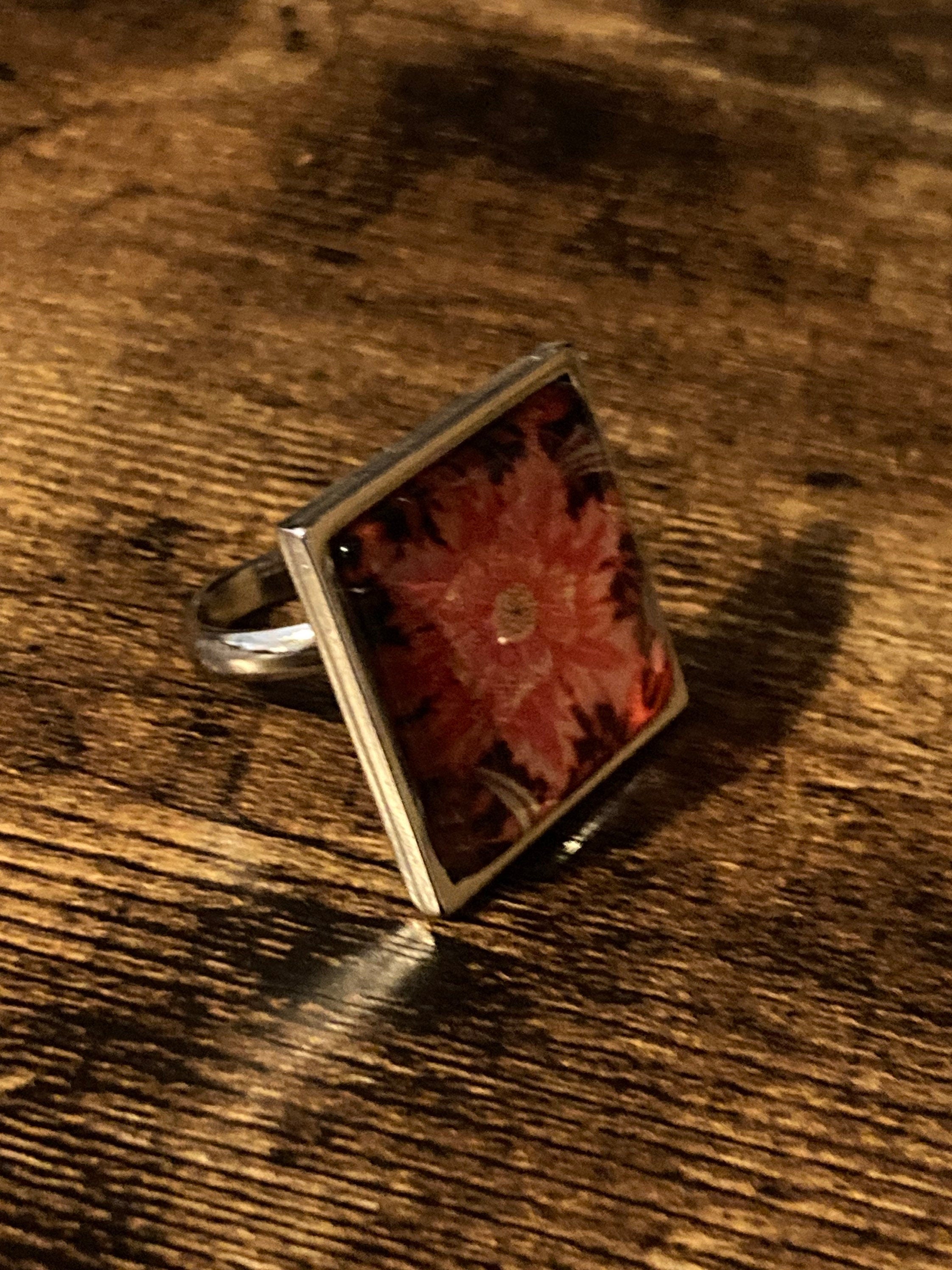 William Morris ring Orange marigold design adjustable Chunky silver tone