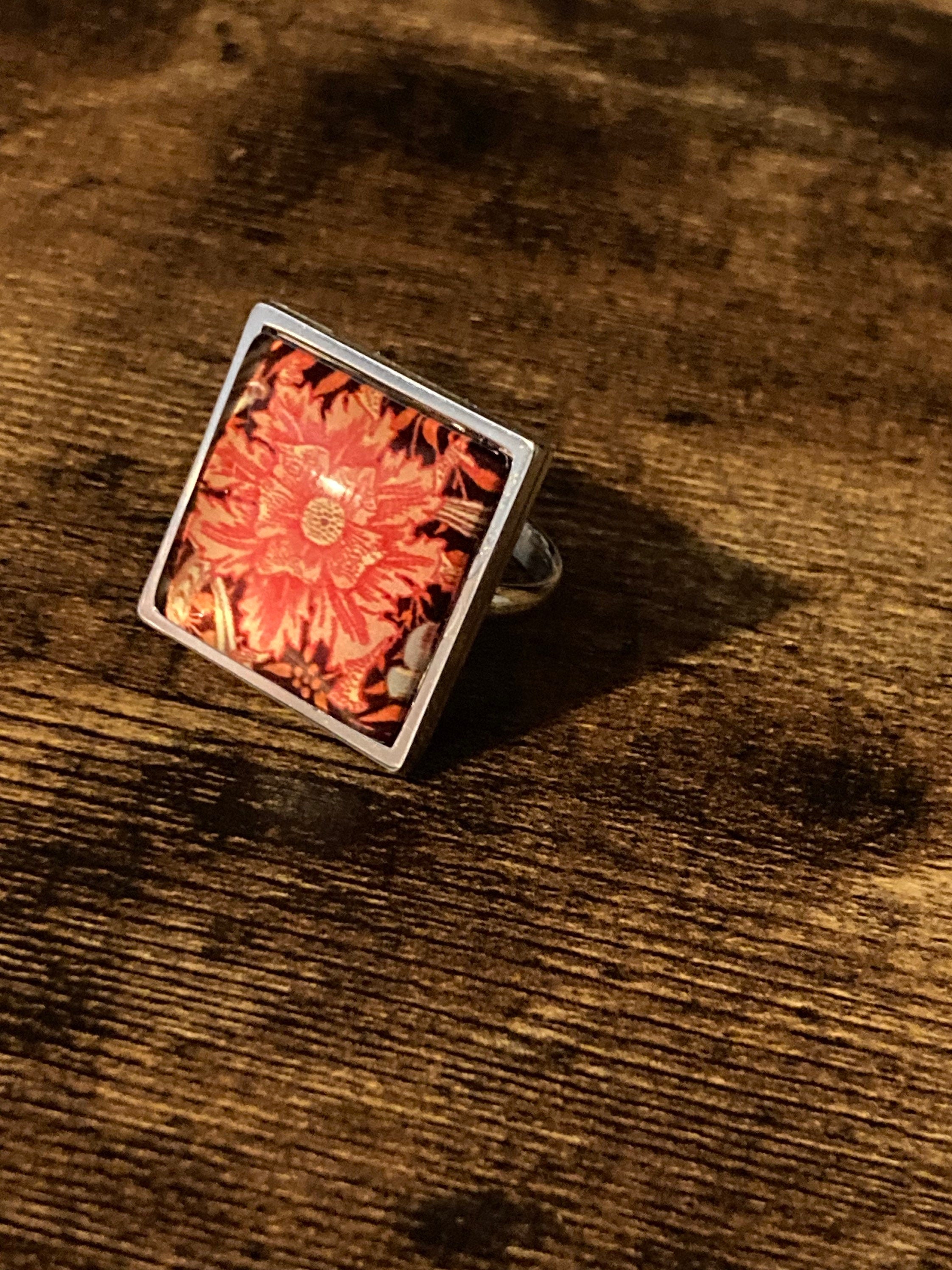 William Morris ring Orange marigold design adjustable Chunky silver tone