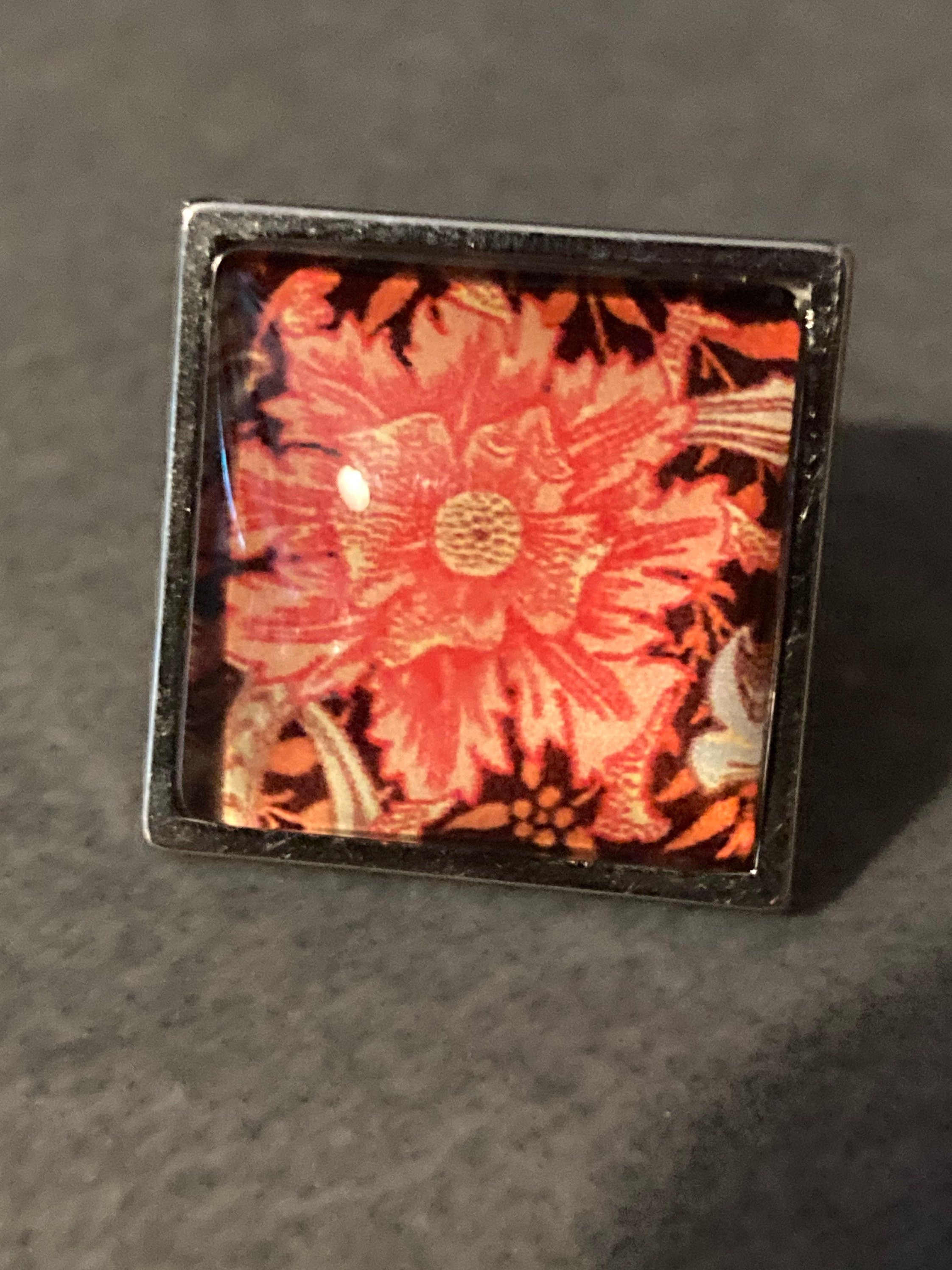William Morris ring Orange marigold design adjustable Chunky silver tone