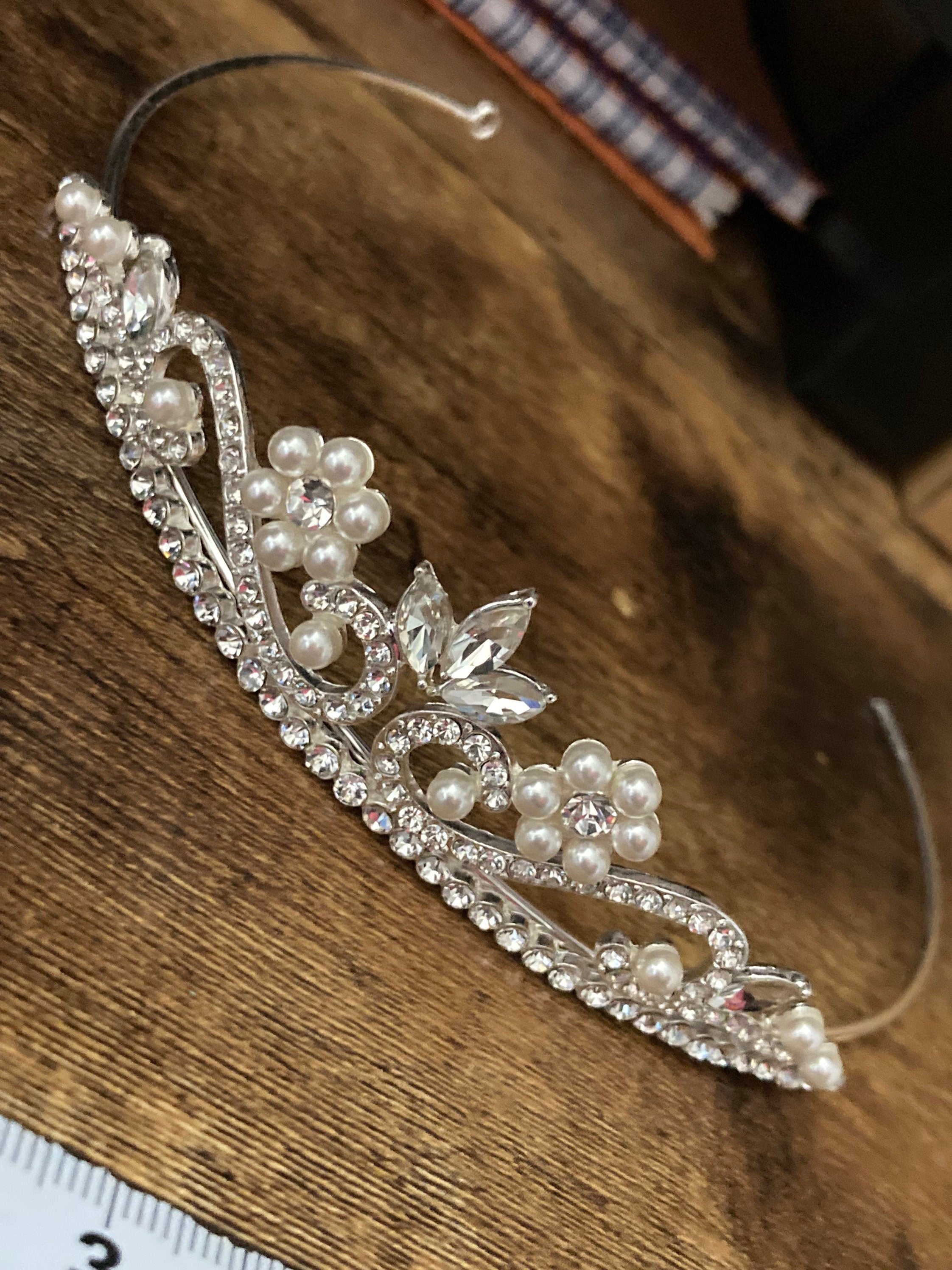 silver tone clear crystal rhinestone ladies girls tiara with faux pearls
