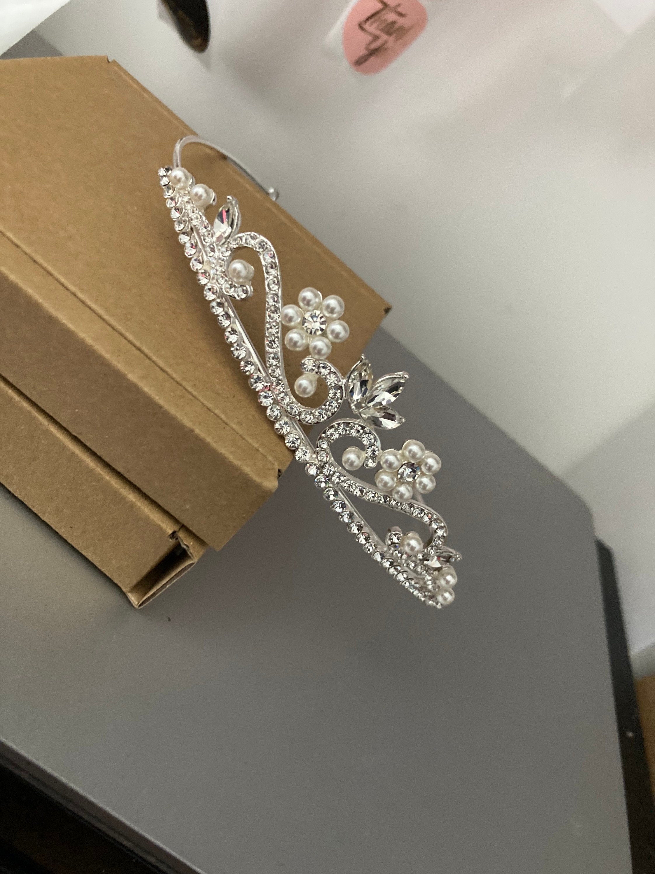 silver tone clear crystal rhinestone ladies girls tiara with faux pearls