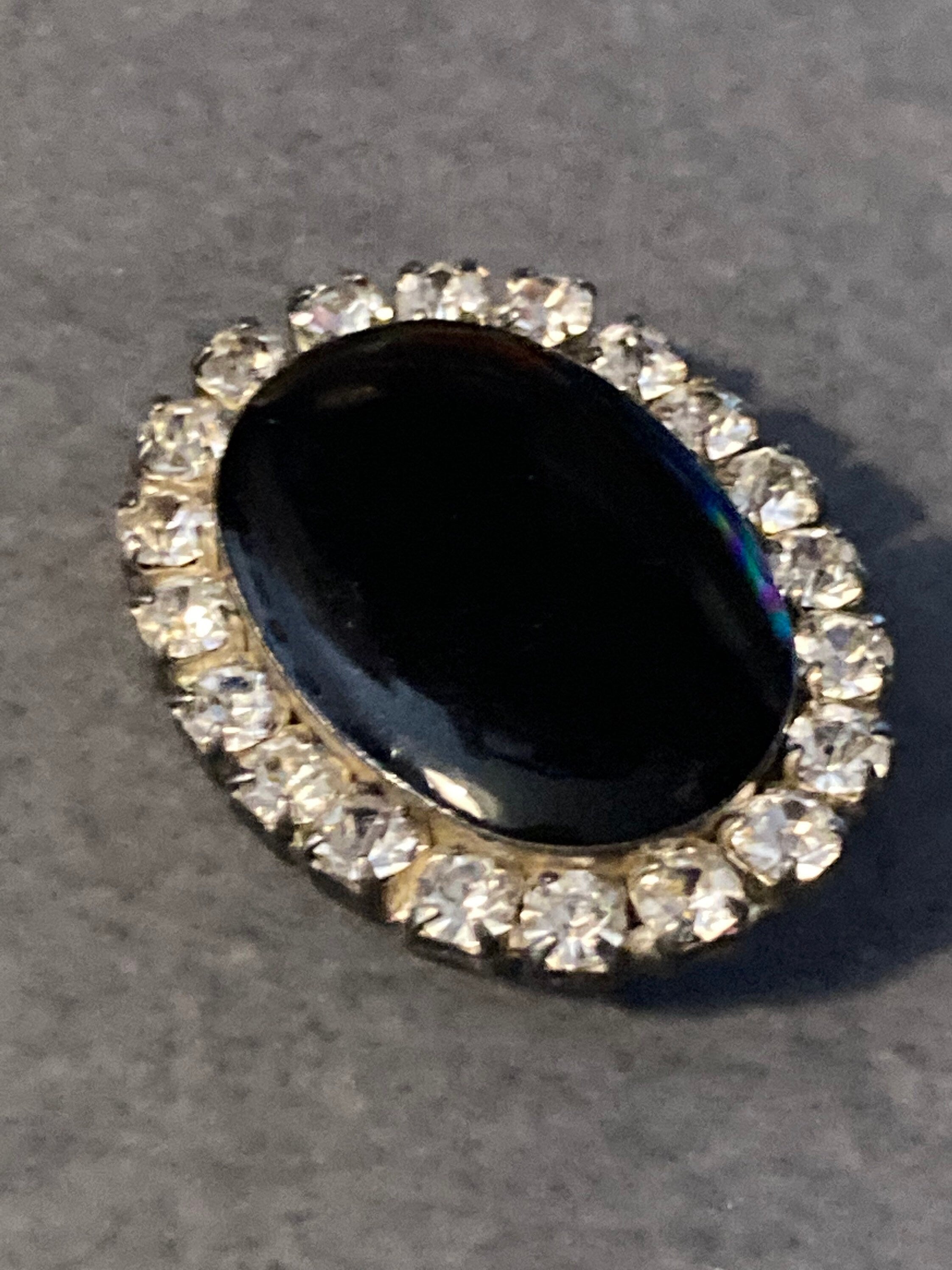 Vintage Monochrome black resin and white clear Rhinestone diamante paste Oval Brooch