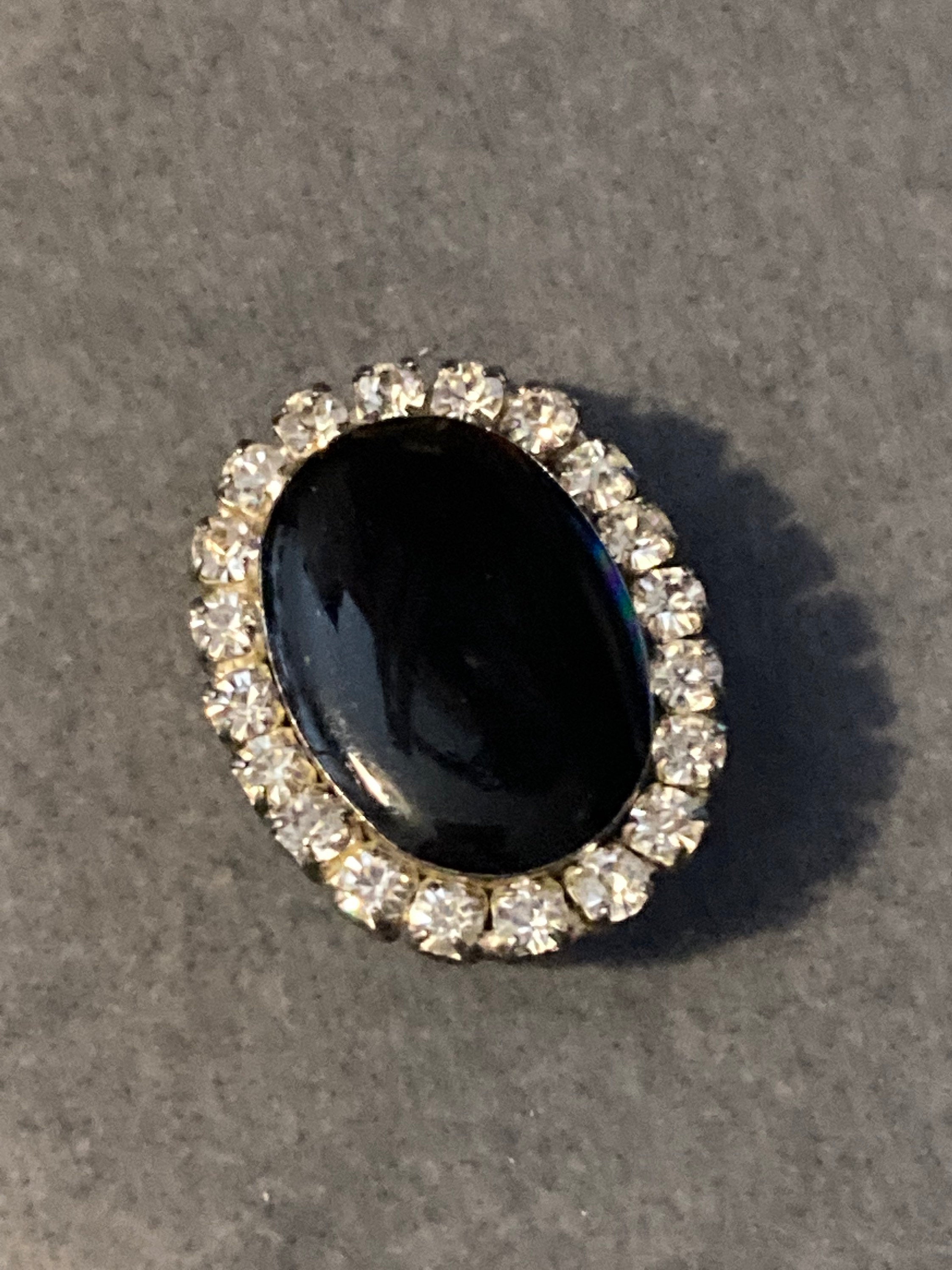 Vintage Monochrome black resin and white clear Rhinestone diamante paste Oval Brooch