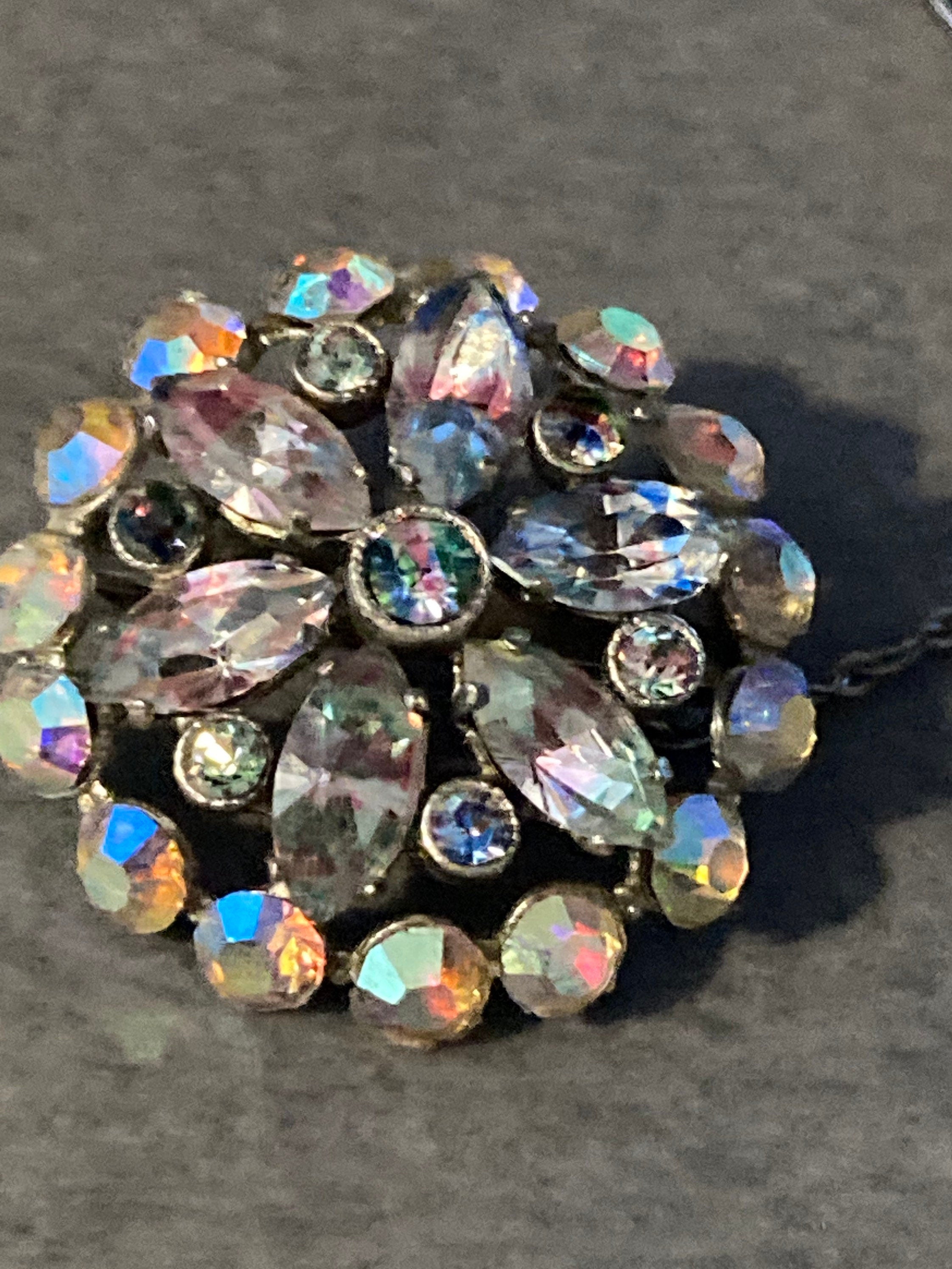 domed AB Aurora borealis watermelon glass rhinestone brooch silver tone Vintage MCM