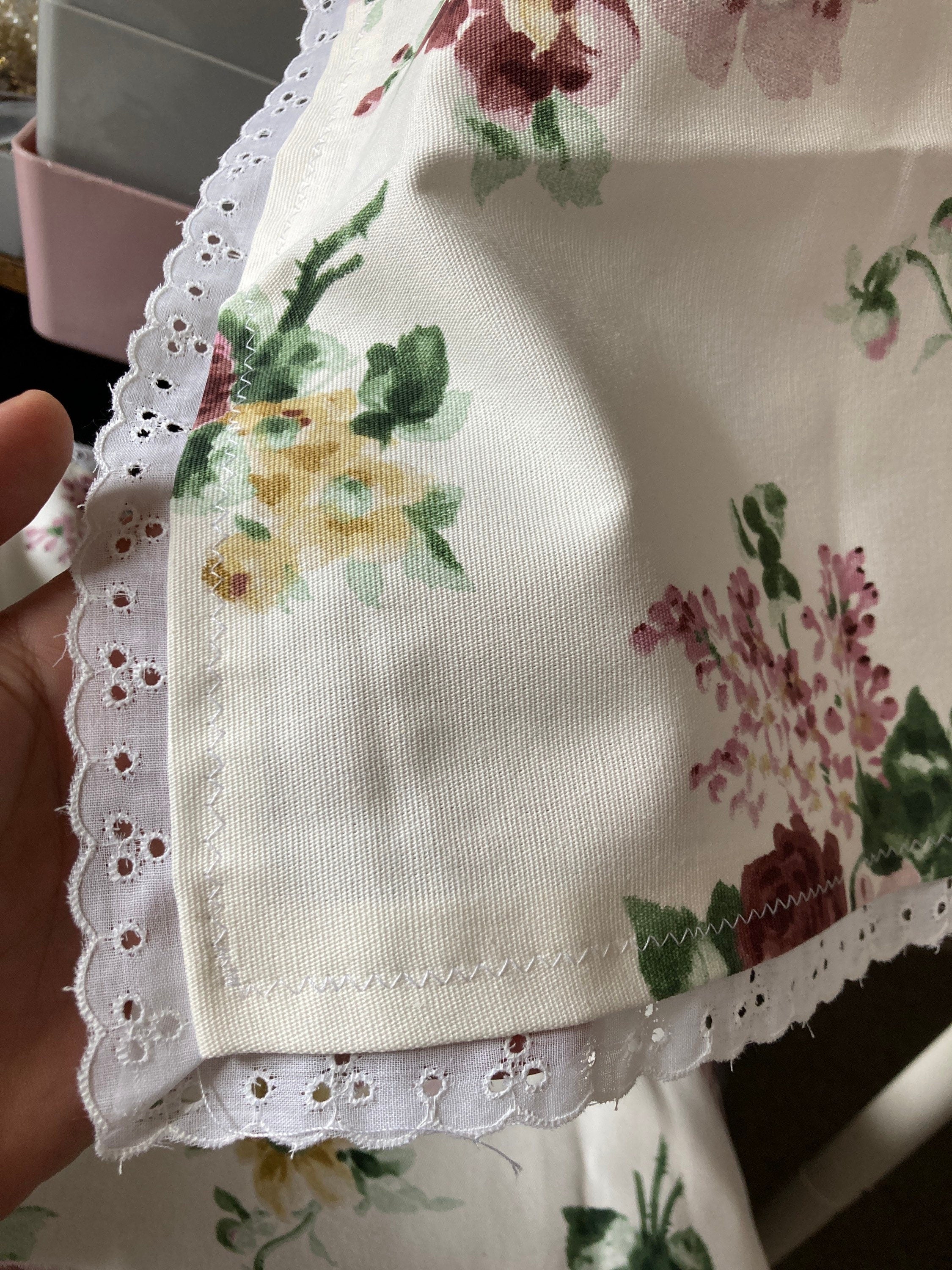 Pair of matching handmade vintage cream off white purple roses floral print 26” square lamp table tablecloths