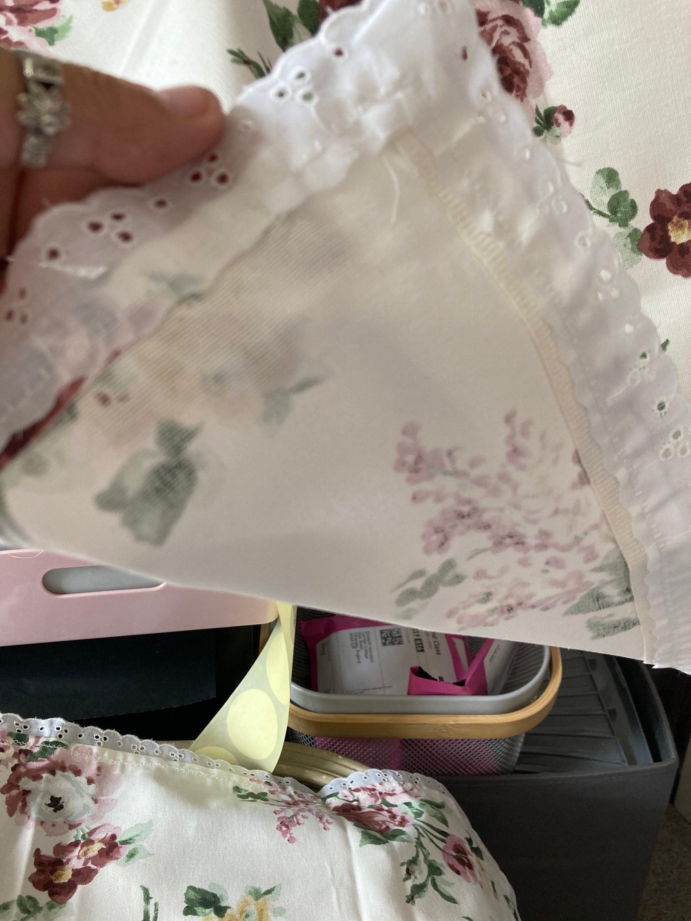 Pair of matching handmade vintage cream off white purple roses floral print 26” square lamp table tablecloths