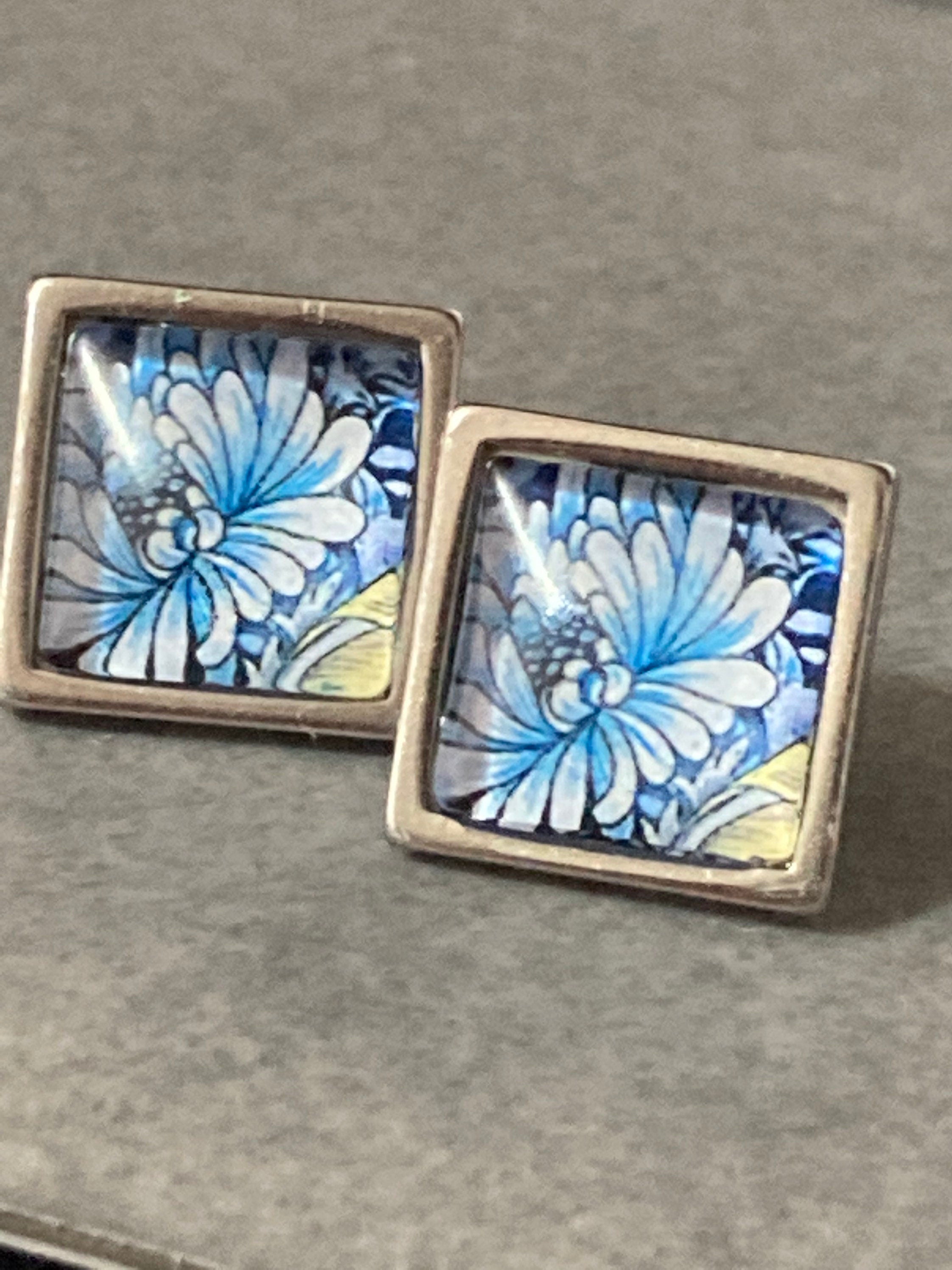 William morris print ring stainless steel blue floral square glass adj size N O P Q R S