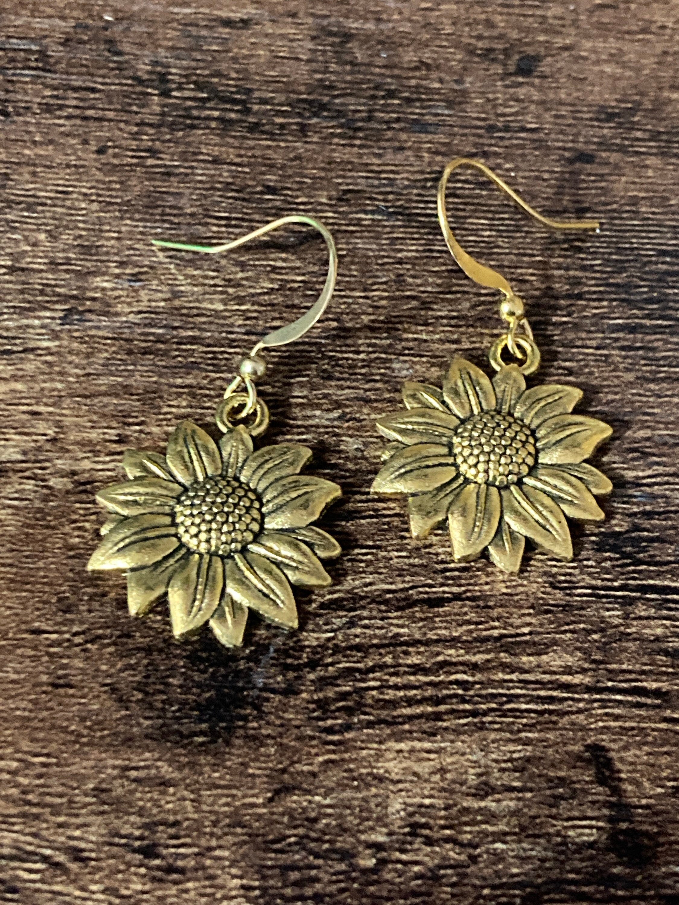 gold tone sunflower drop flower earrings