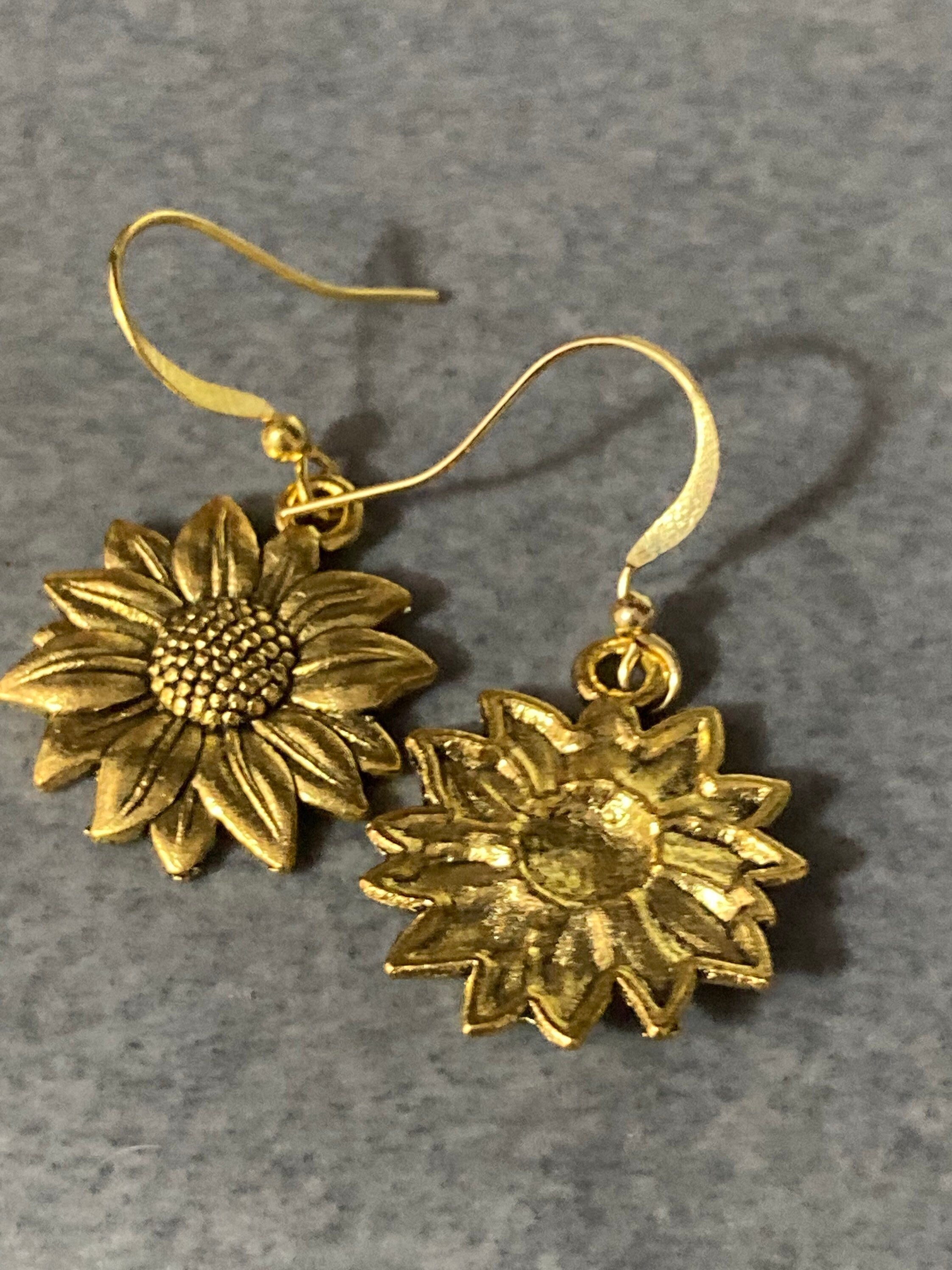 gold tone sunflower drop flower earrings