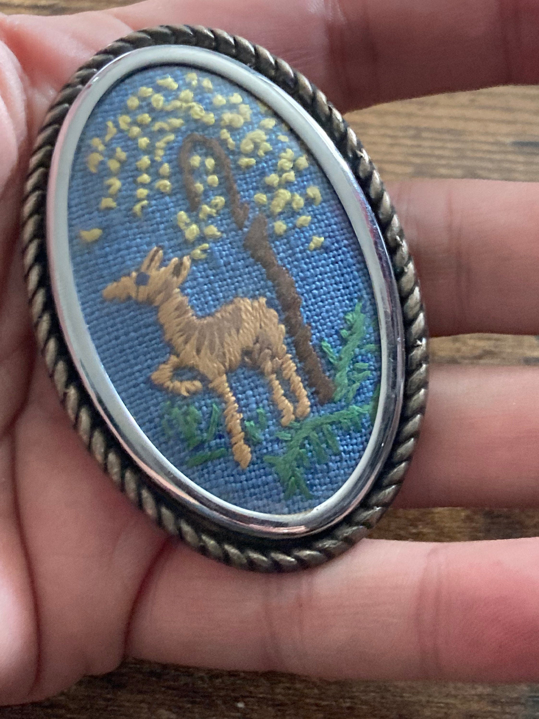 XL Vintage Tapestry Floral silver tone large brooch deer by tree