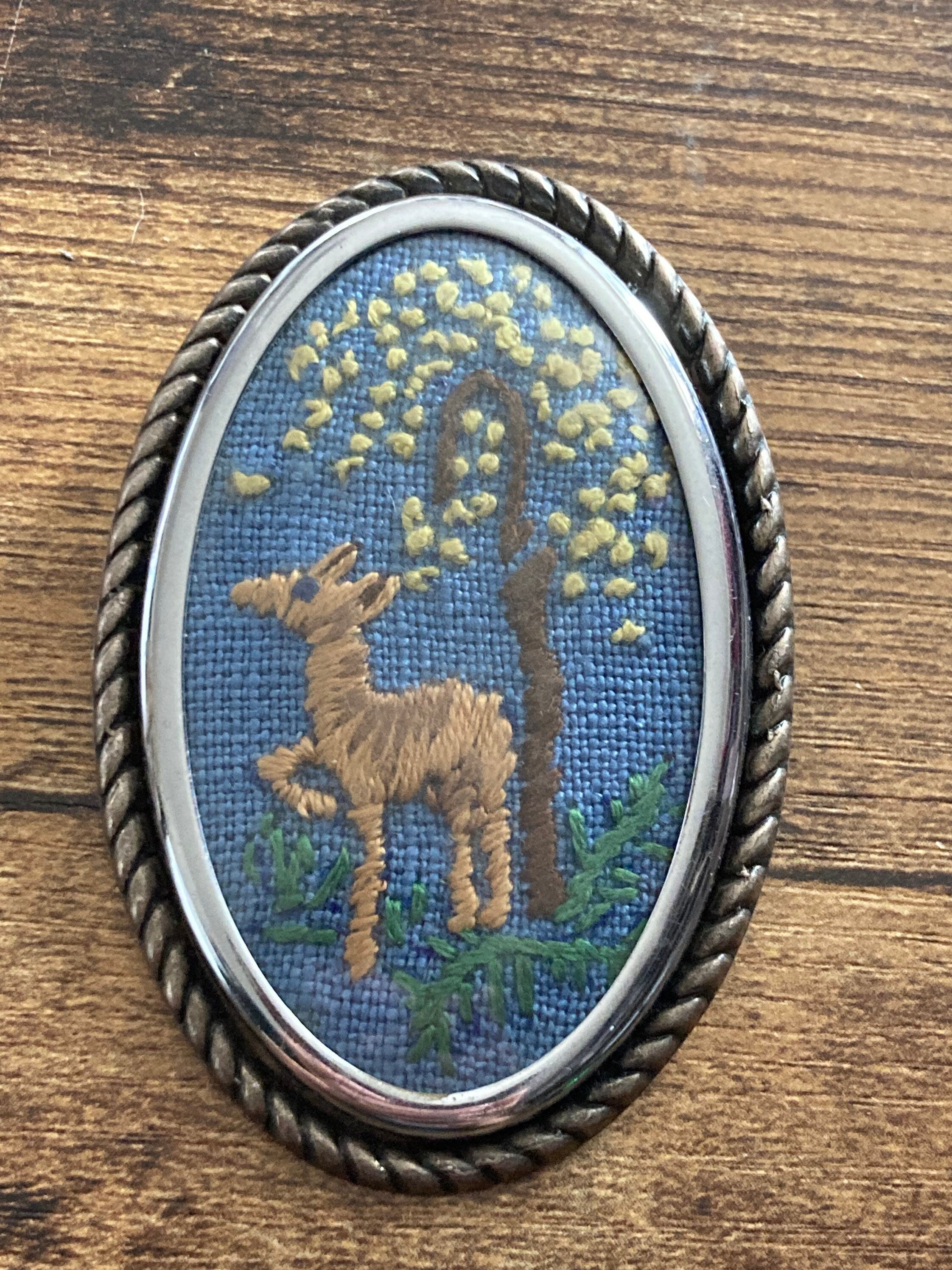 XL Vintage Tapestry Floral silver tone large brooch deer by tree