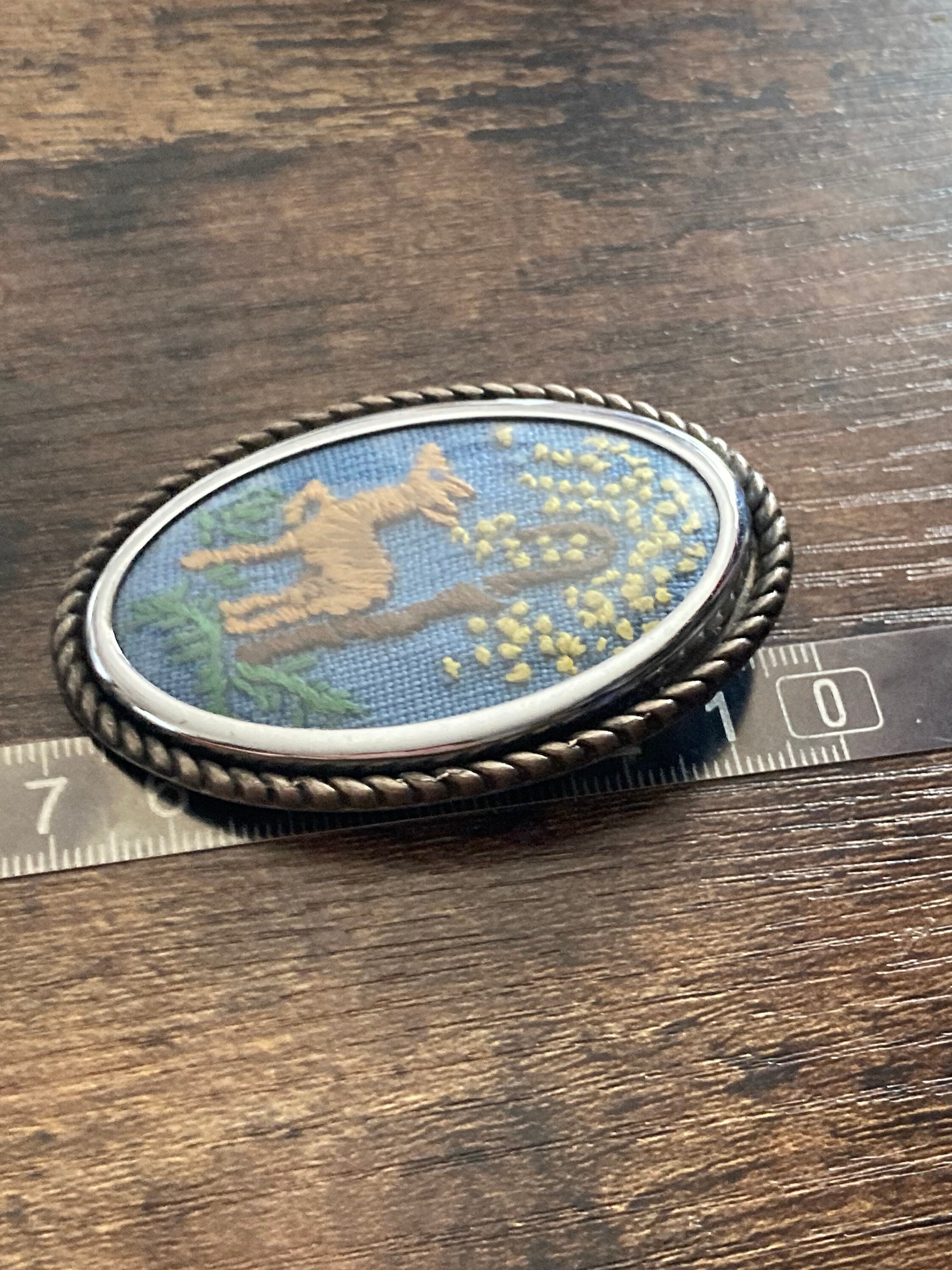 XL Vintage Tapestry Floral silver tone large brooch deer by tree