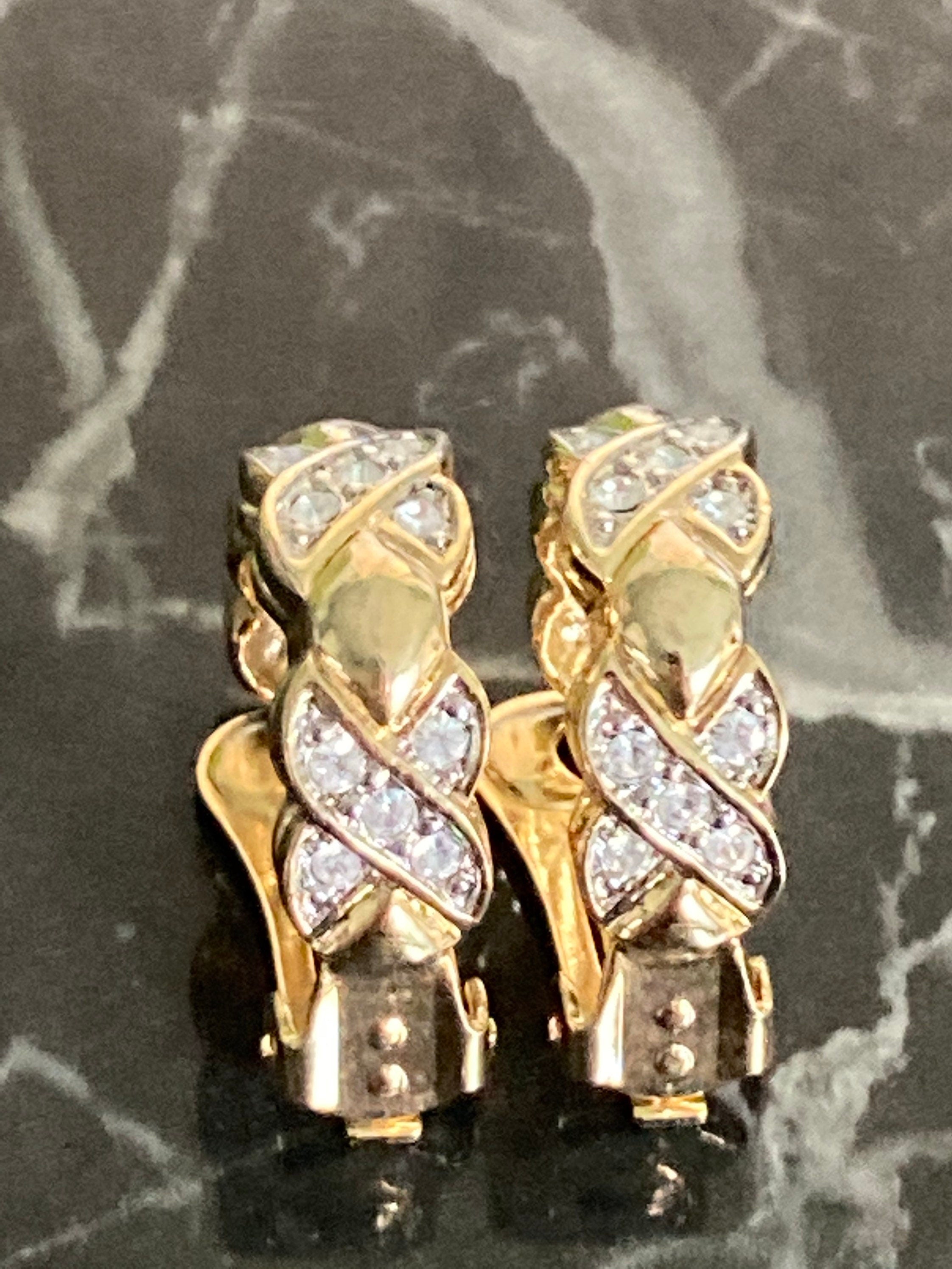 Vintage gold tone ornate large clip on half hoop earrings diamante paste