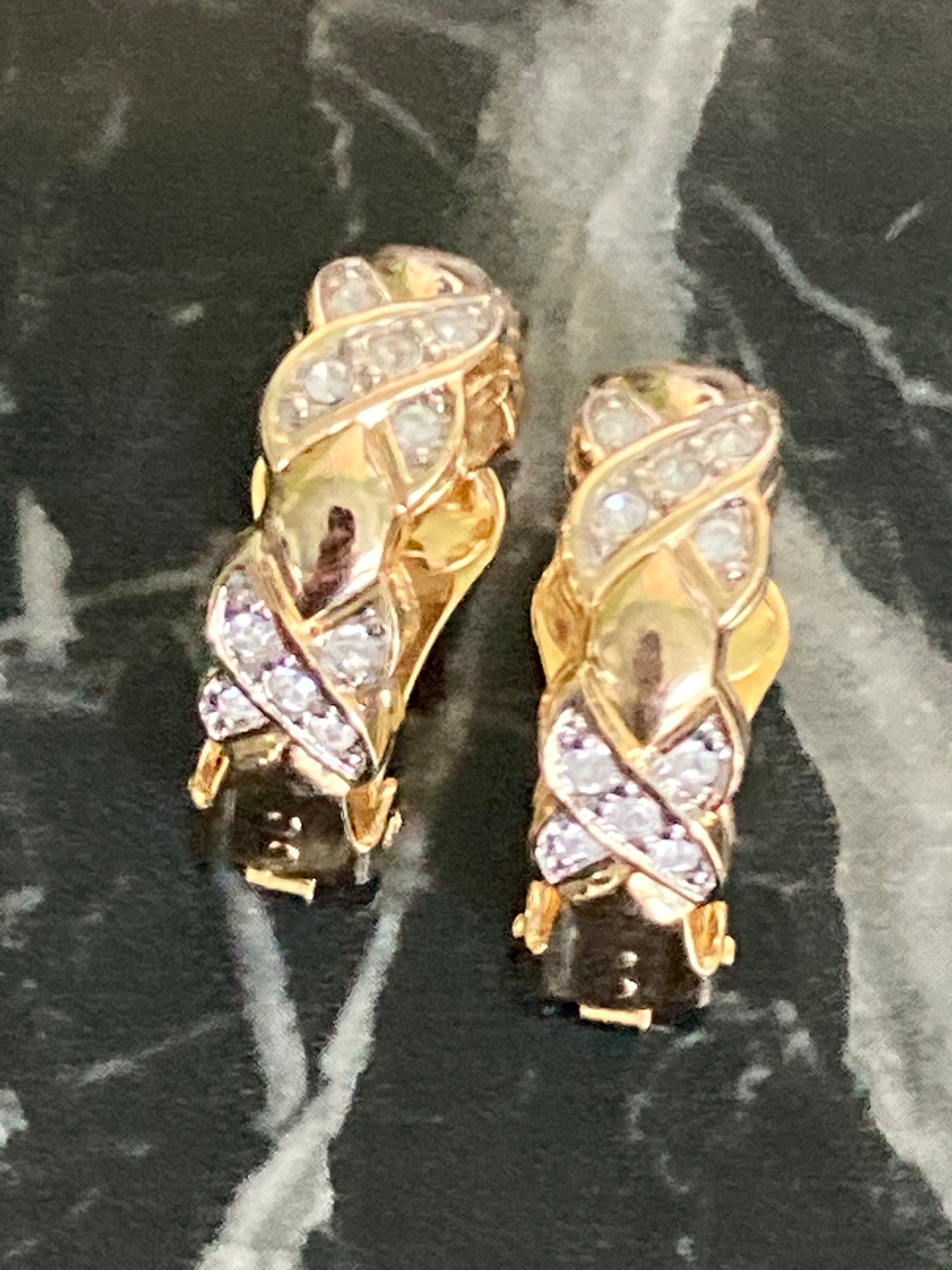 Vintage gold tone ornate large clip on half hoop earrings diamante paste