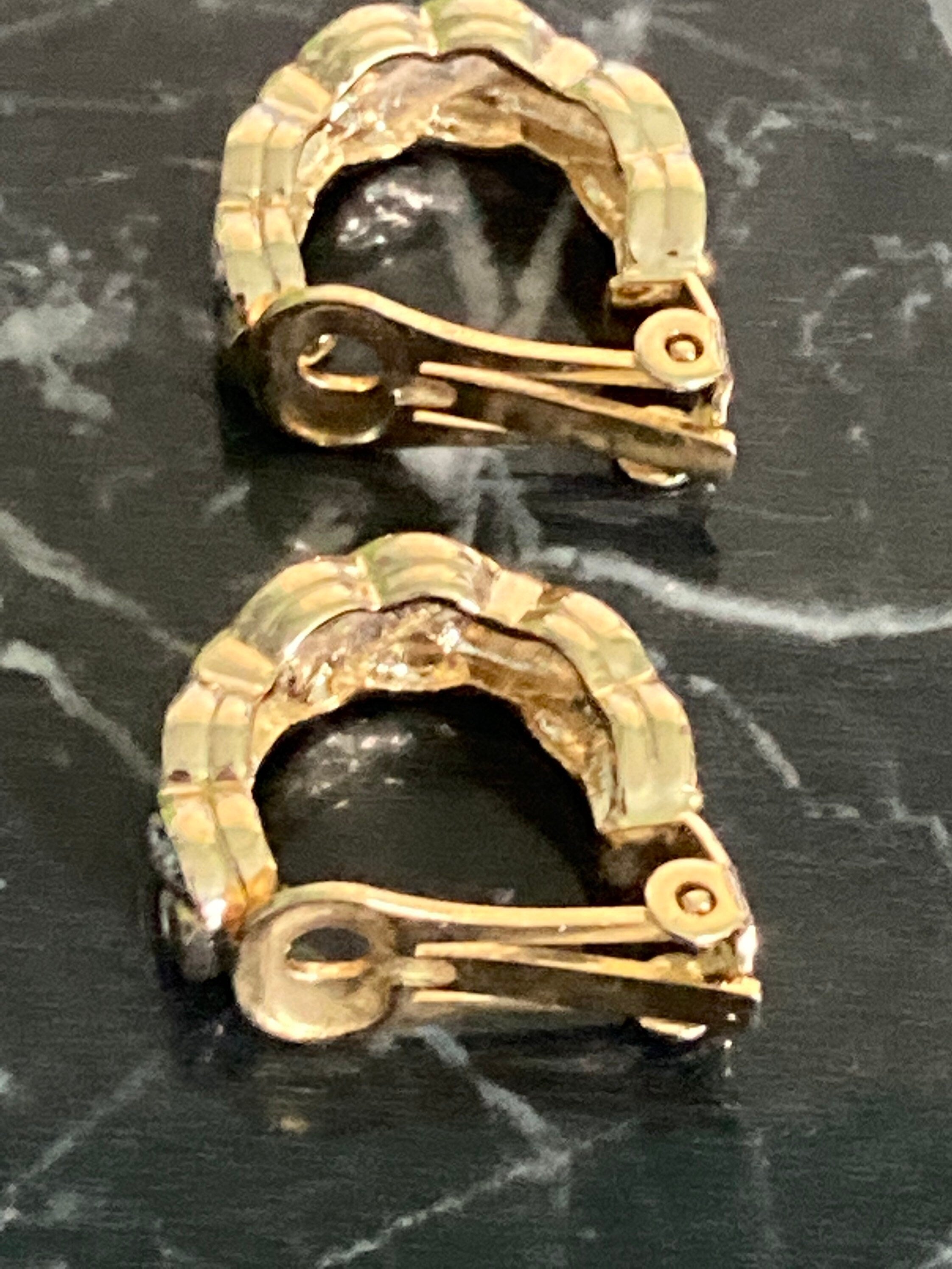 Vintage gold tone ornate large clip on half hoop earrings diamante paste