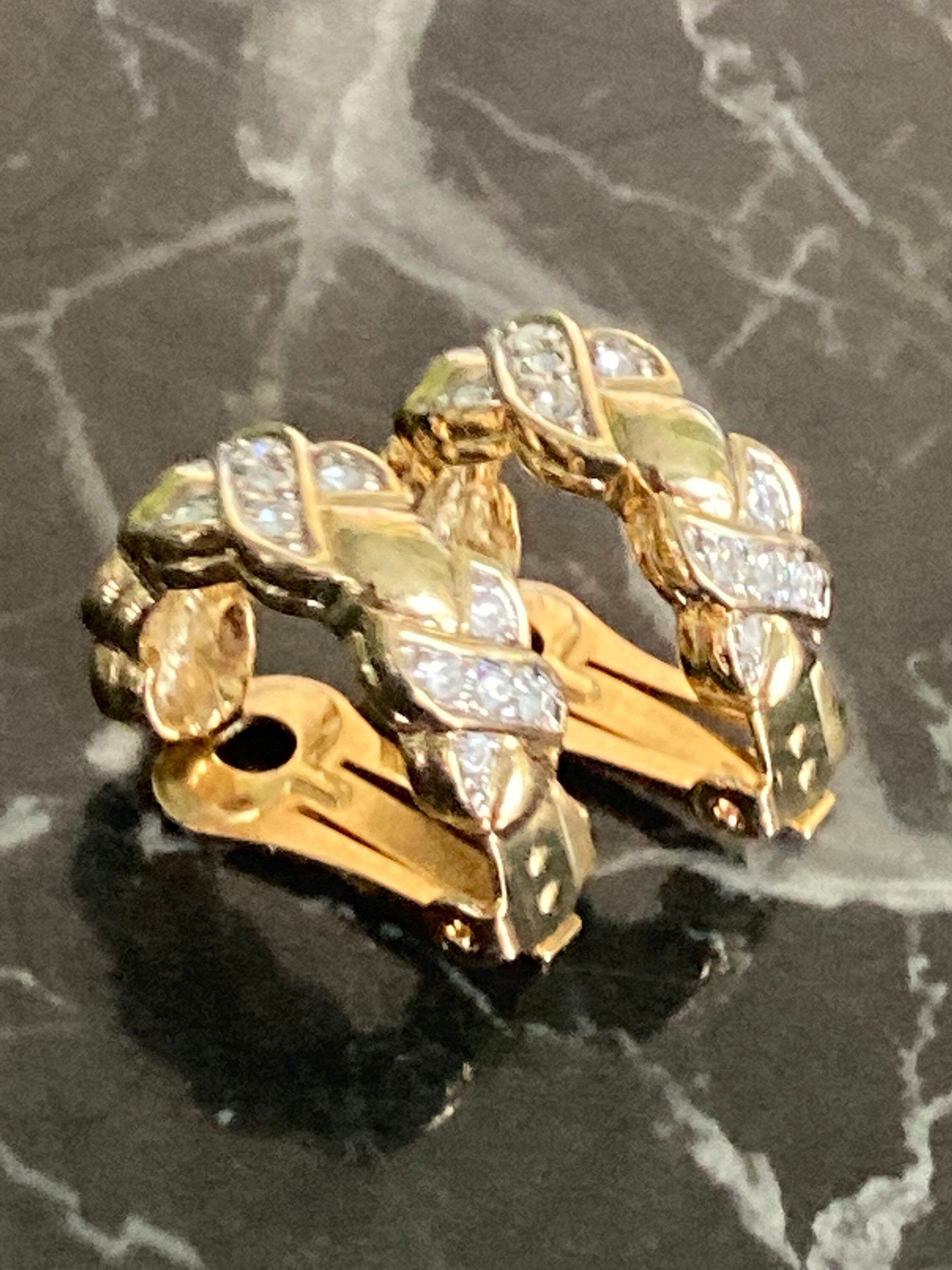 Vintage gold tone ornate large clip on half hoop earrings diamante paste
