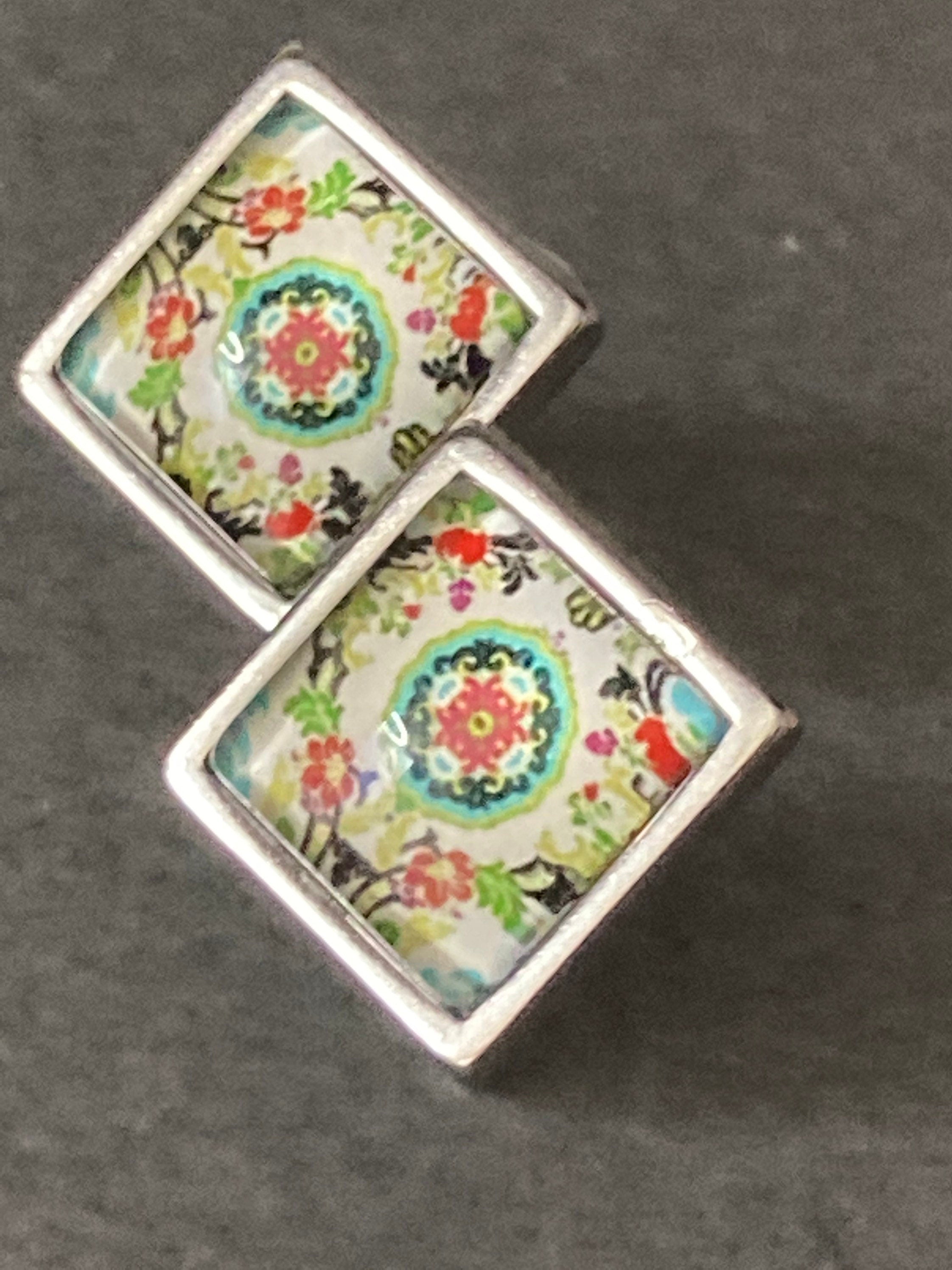 Handmade stainless steel square glass tile silver stud earrings art nouveau