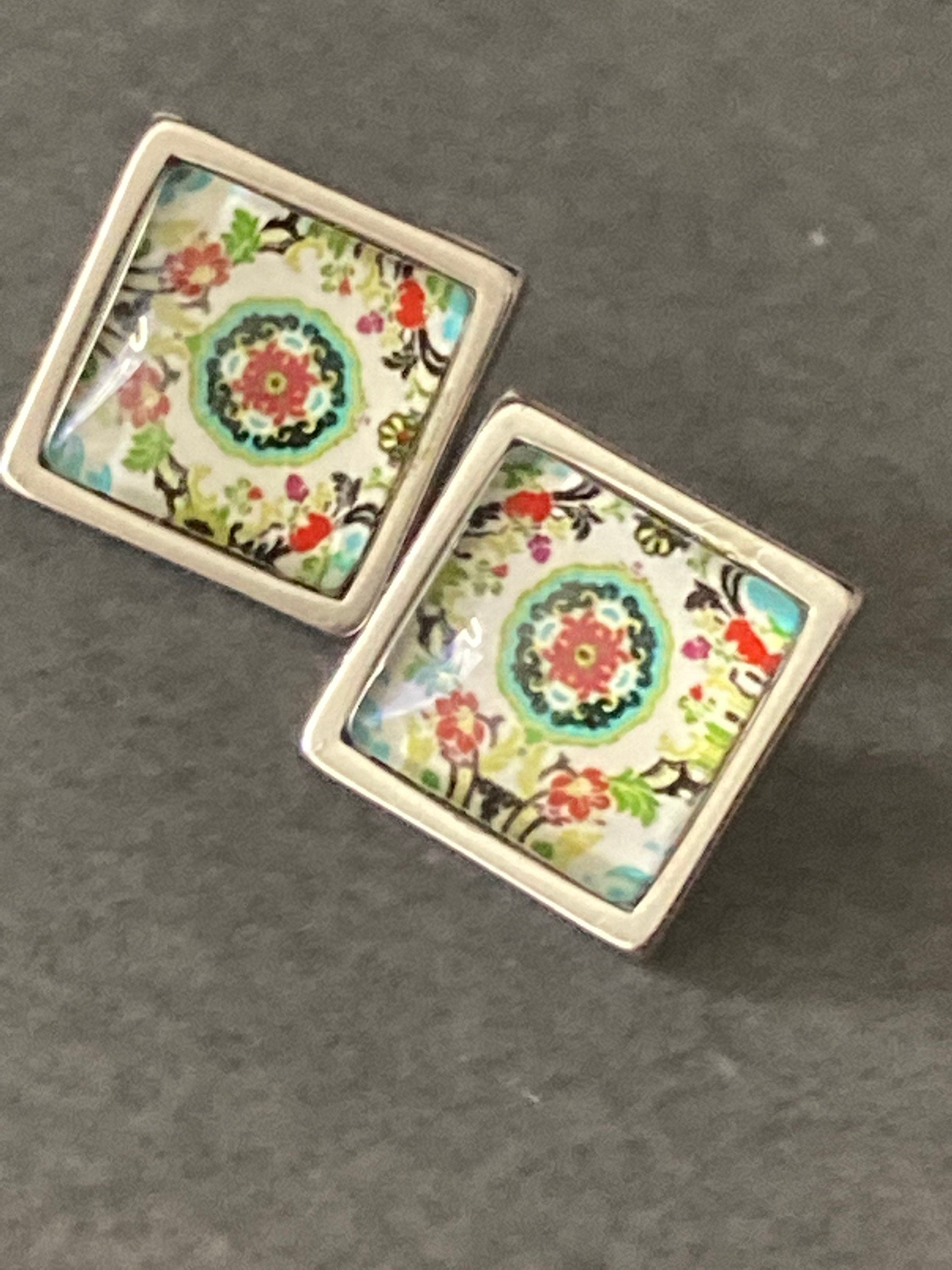 Handmade stainless steel square glass tile silver stud earrings art nouveau