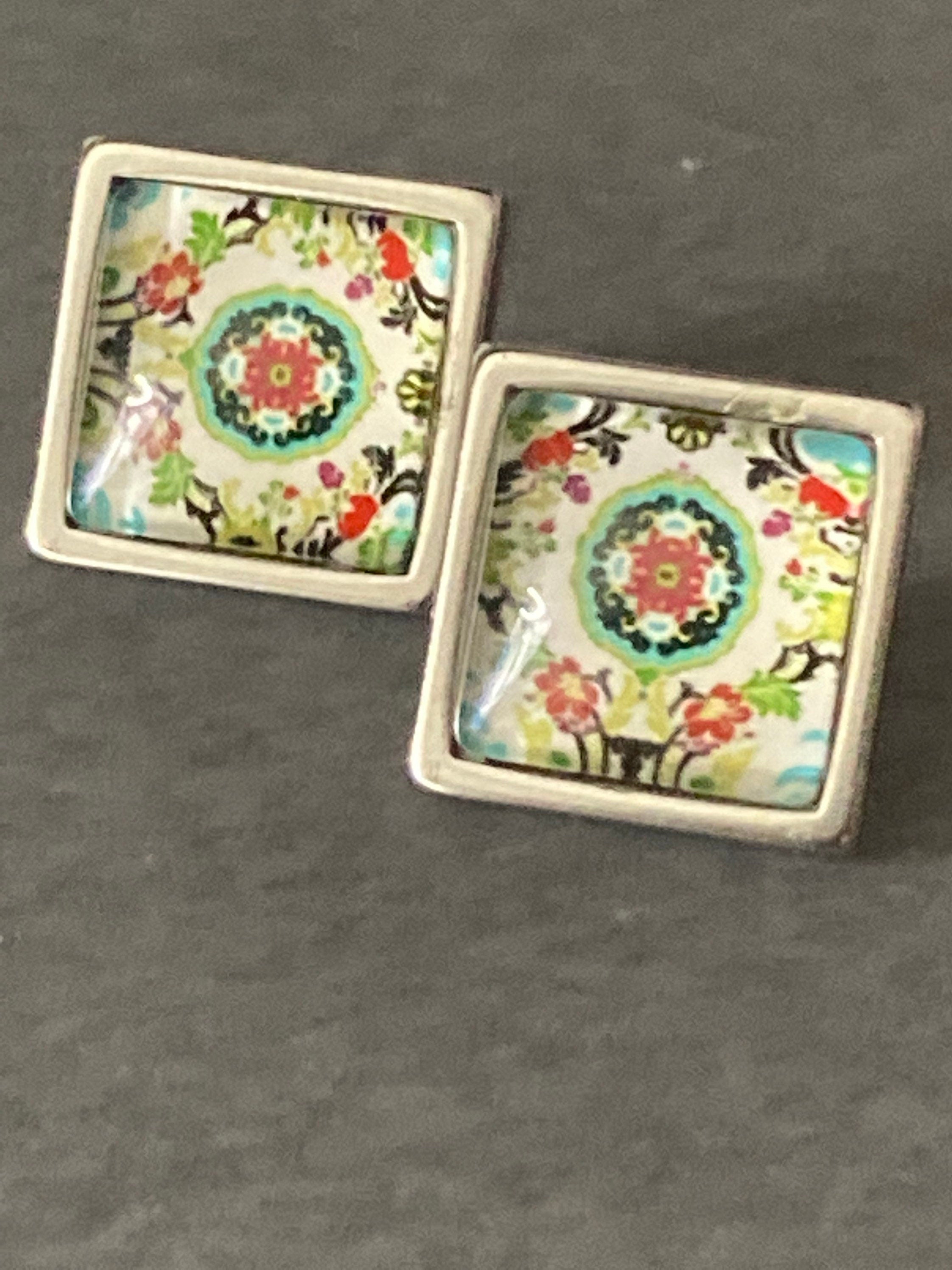 Handmade stainless steel square glass tile silver stud earrings art nouveau