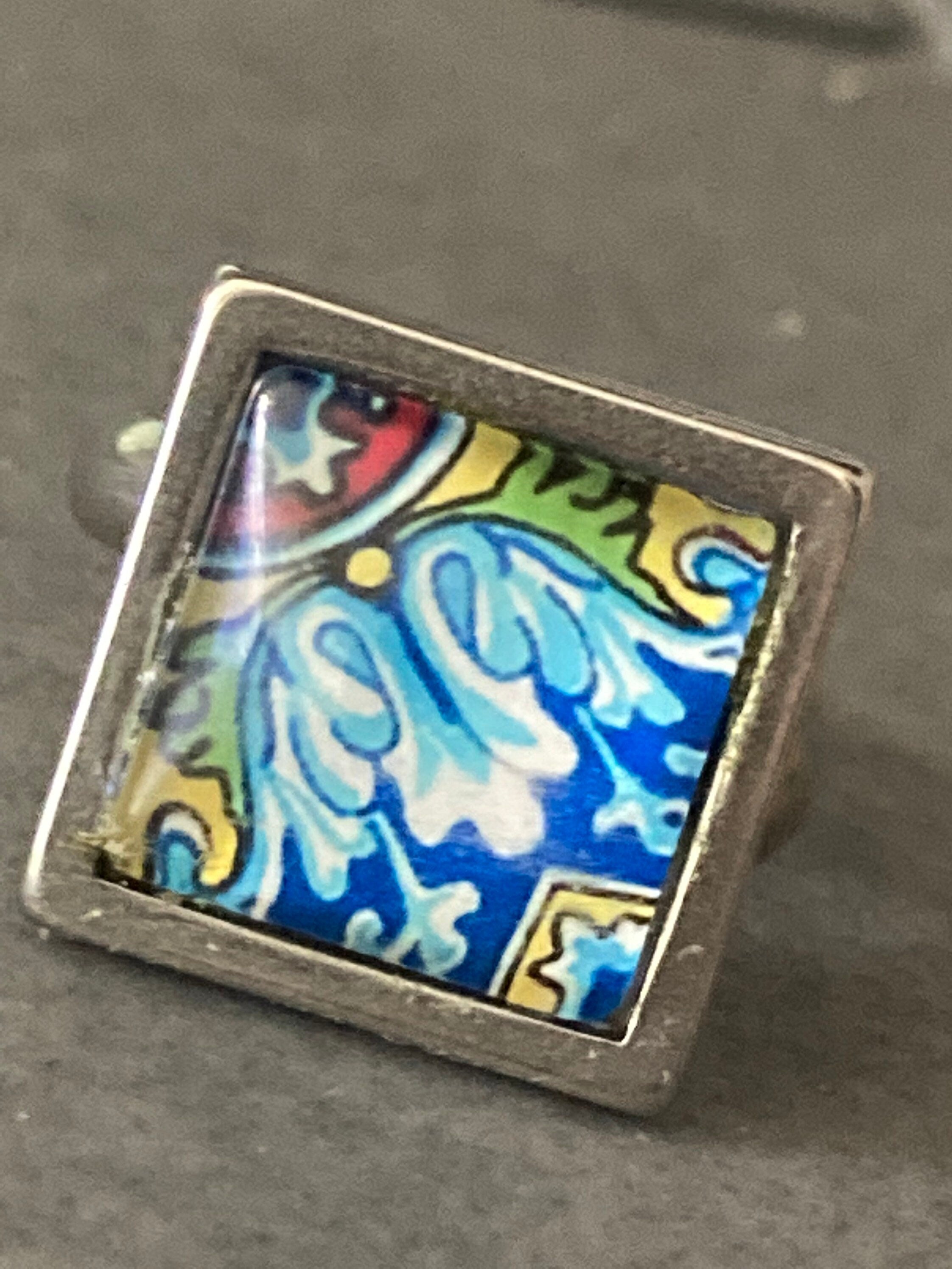 Handmade stainless steel square glass tile silver dress ring adjustable art nouveau