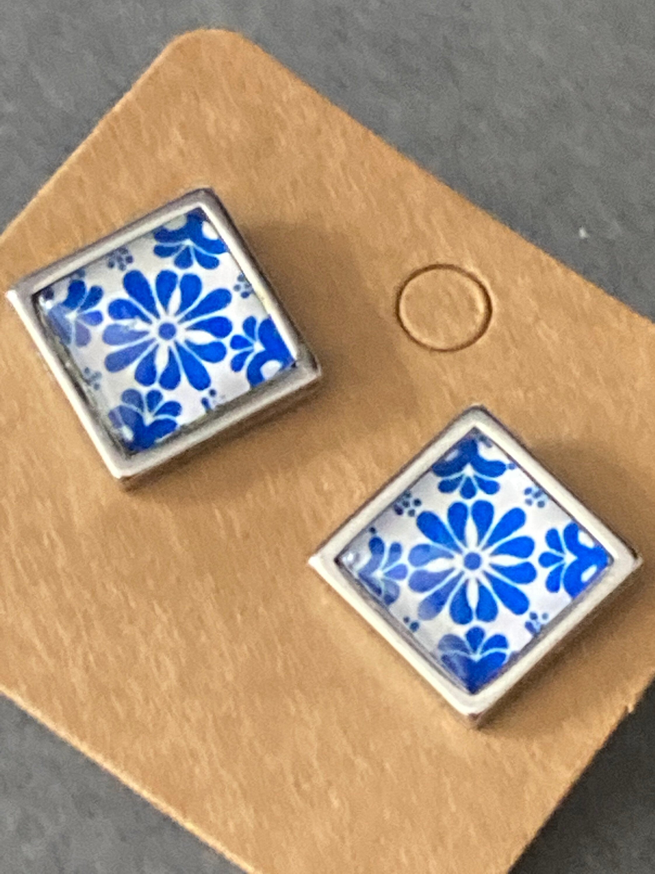 Blue and white floral printed glass tile earrings stainless steel studs